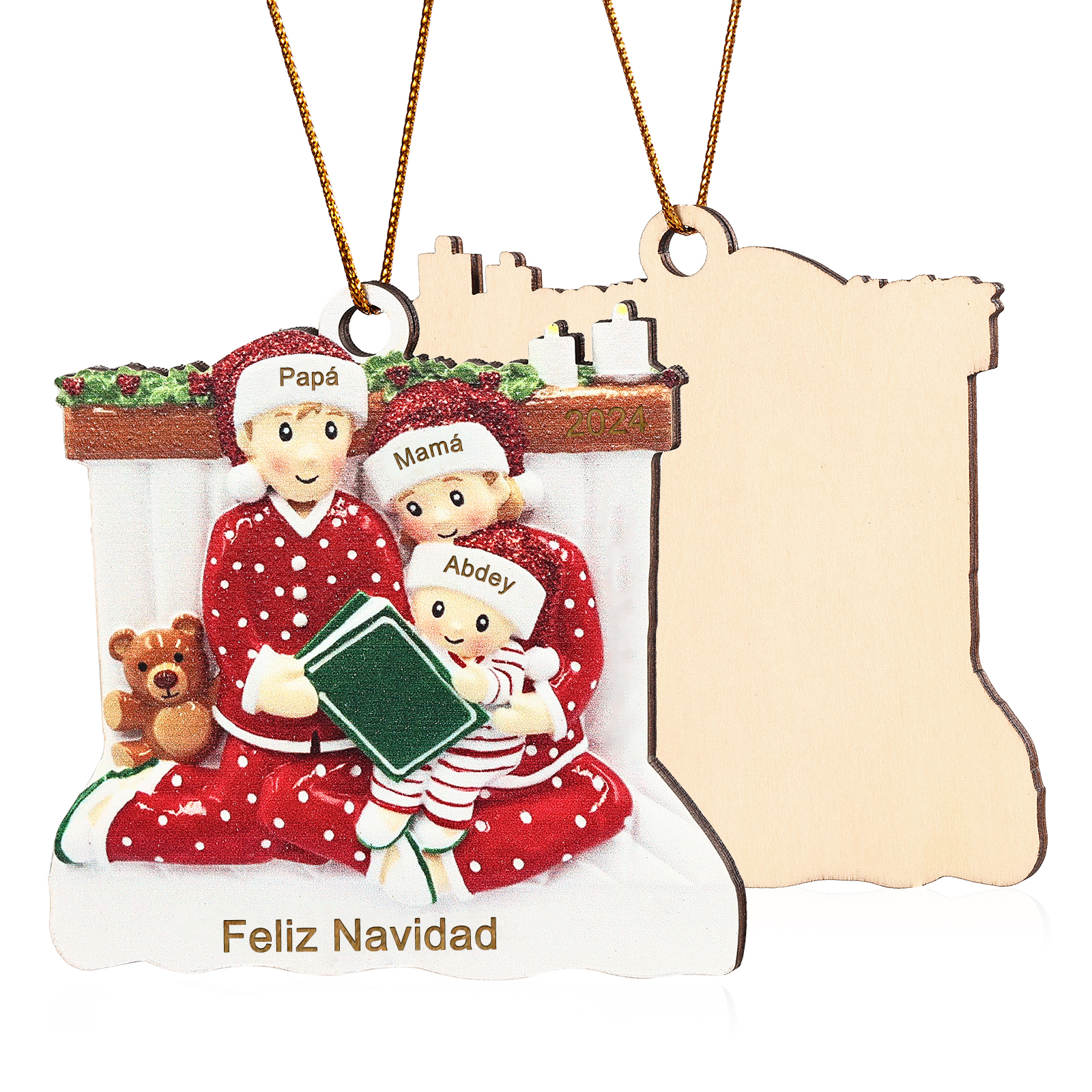 Navidad-Ornamento con muñecos de madera familia leyendo 3 nombres, año y texto personalizados | Jessemade
