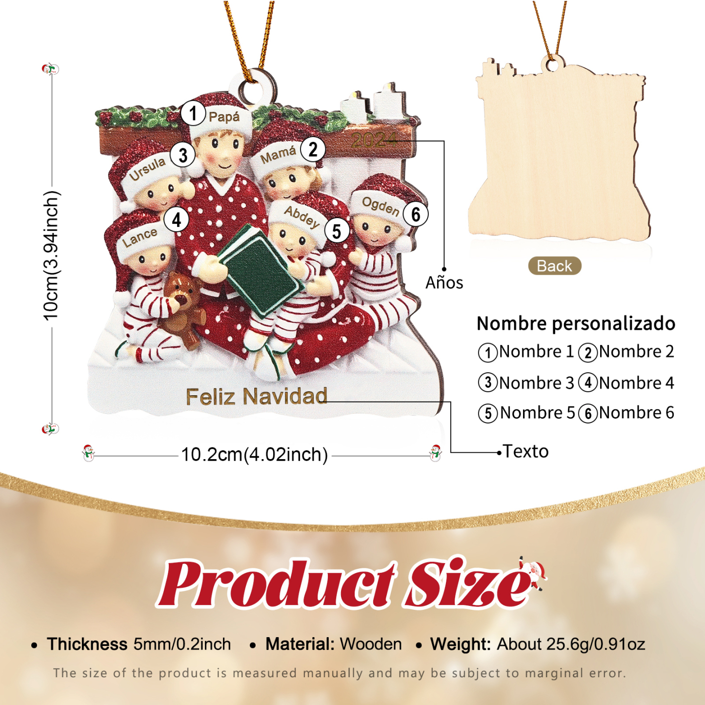Navidad-Ornamento con muñecos de madera familia leyendo 6 nombres, año y texto personalizados | Jessemade
