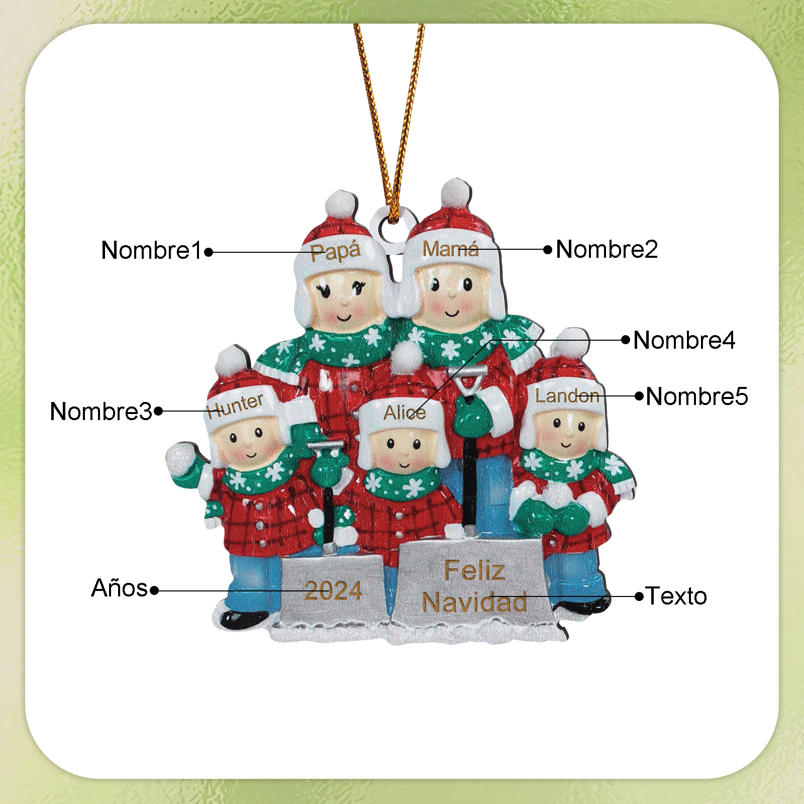 Navidad-Ornamento con muñecos de madera familia 5 nombres, año y texto personalizados | Jessemade