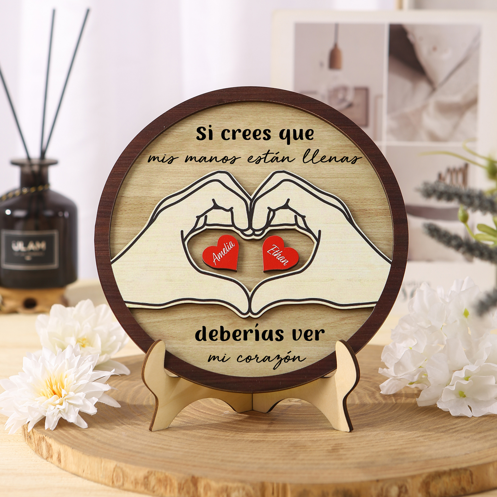 Familia-Decoración de madera de mano con mano 2 nombres y 2 textos personalizados | Jessemade