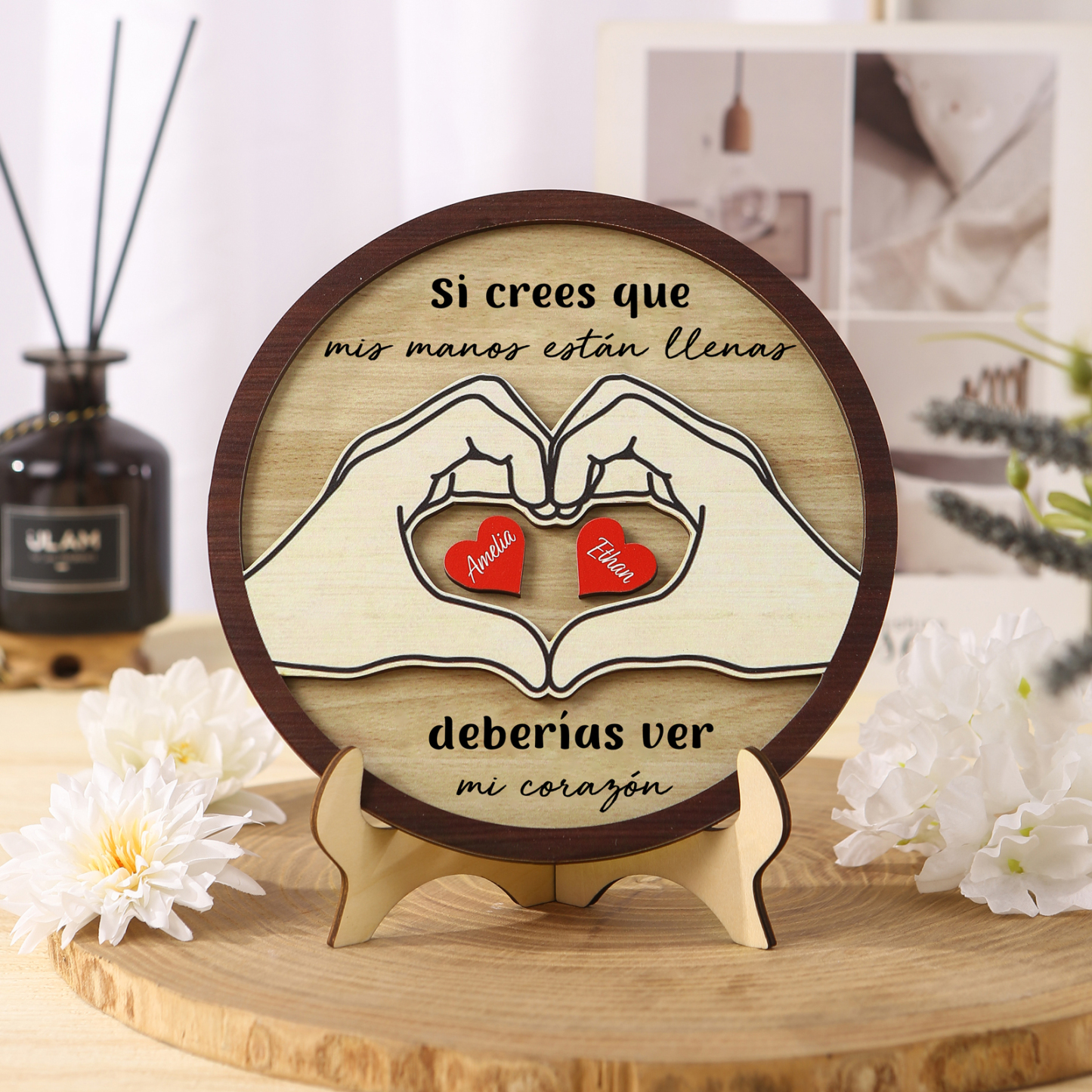 Familia-Decoración de madera de mano con mano 2 nombres y 2 textos personalizados | Jessemade