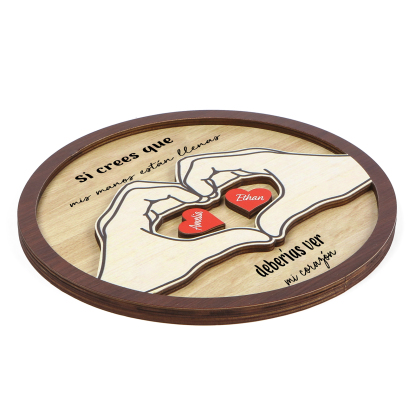 Familia-Decoración de madera de mano con mano 2 nombres y 2 textos personalizados | Jessemade