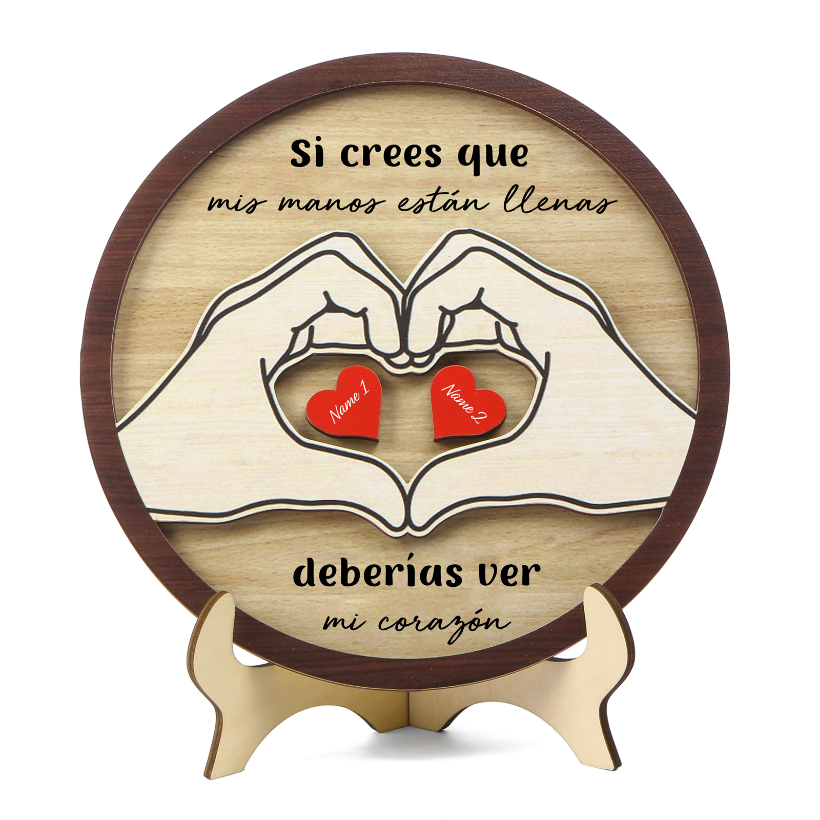 Familia-Decoración de madera de mano con mano 2 nombres y 2 textos personalizados | Jessemade