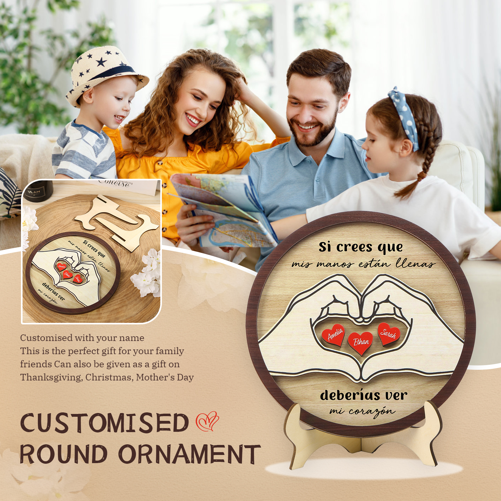 Familia-Decoración de madera de mano con mano 3 nombres y 2 textos personalizados | Jessemade