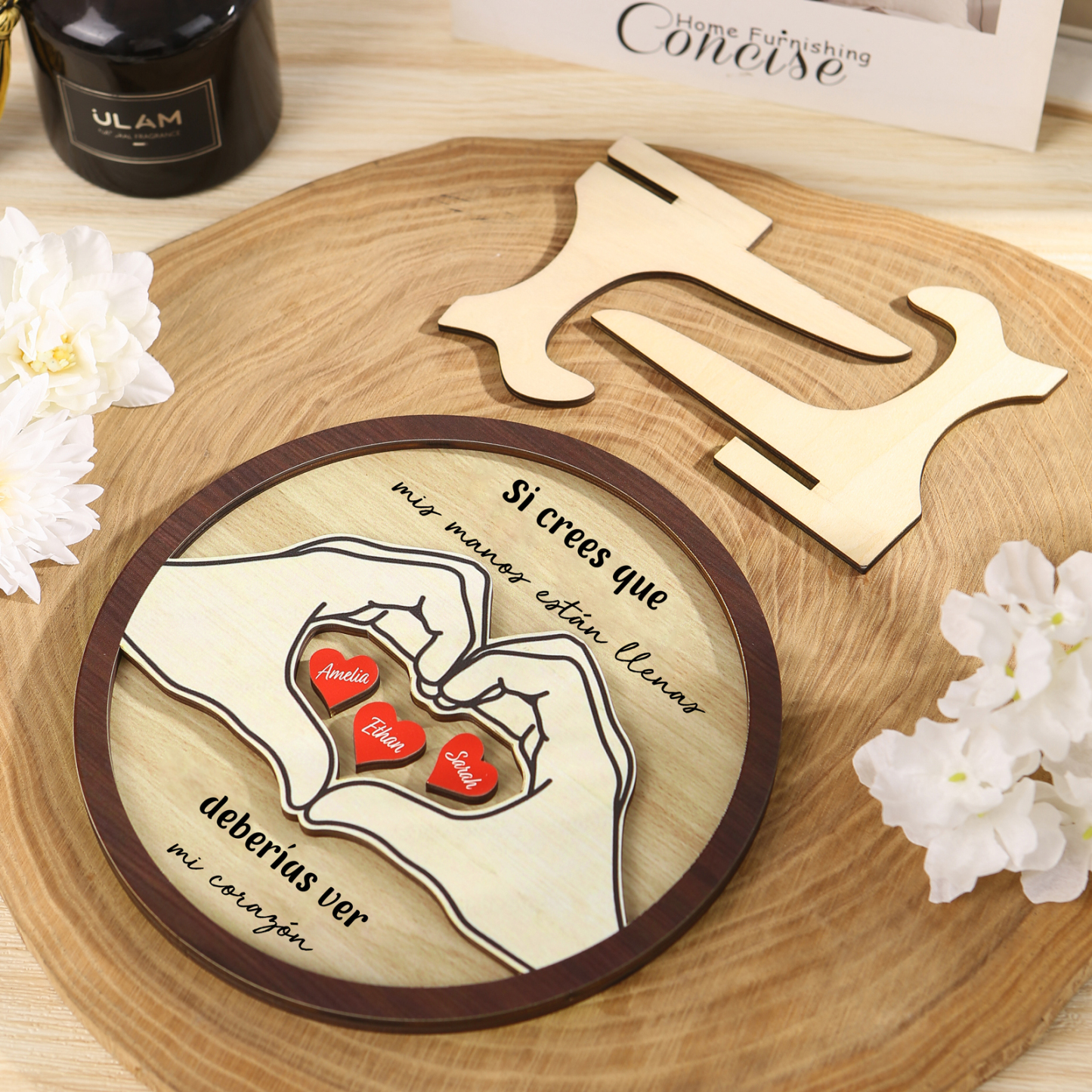 Familia-Decoración de madera de mano con mano 3 nombres y 2 textos personalizados | Jessemade