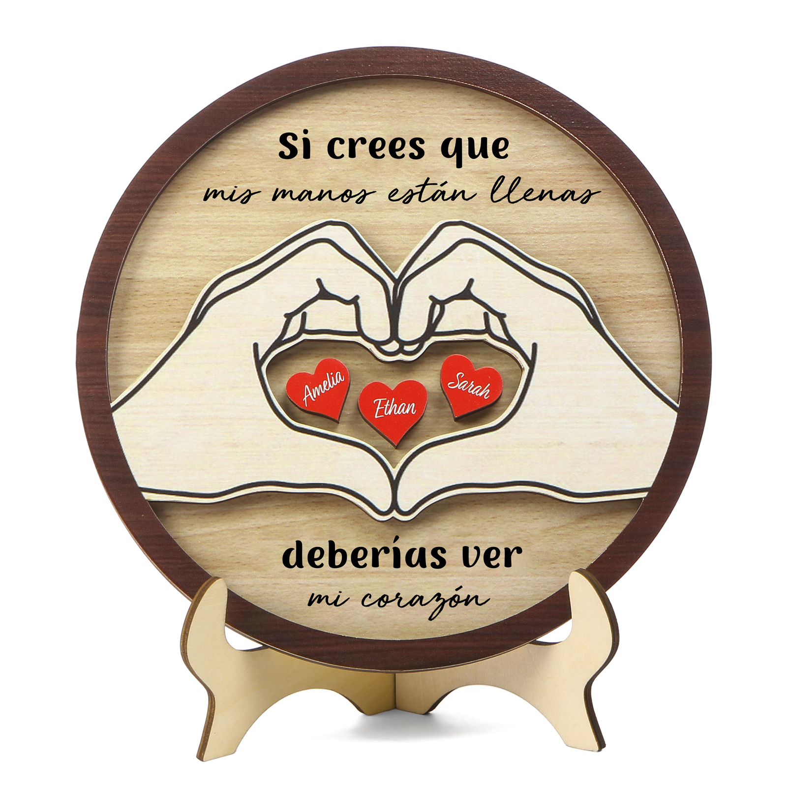 Familia-Decoración de madera de mano con mano 3 nombres y 2 textos personalizados | Jessemade