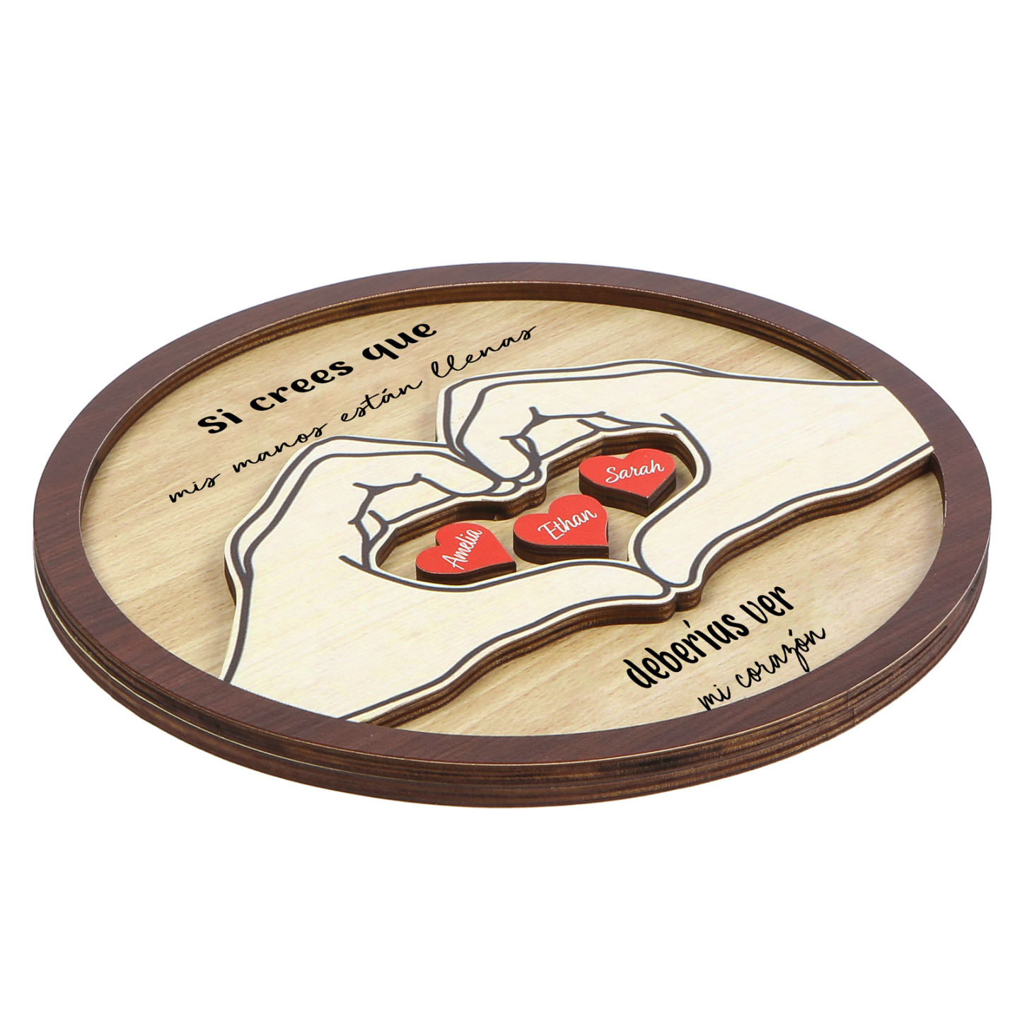 Familia-Decoración de madera de mano con mano 3 nombres y 2 textos personalizados | Jessemade