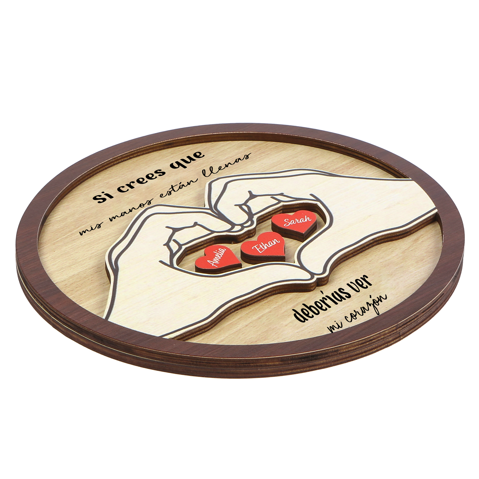 Familia-Decoración de madera de mano con mano 3 nombres y 2 textos personalizados | Jessemade