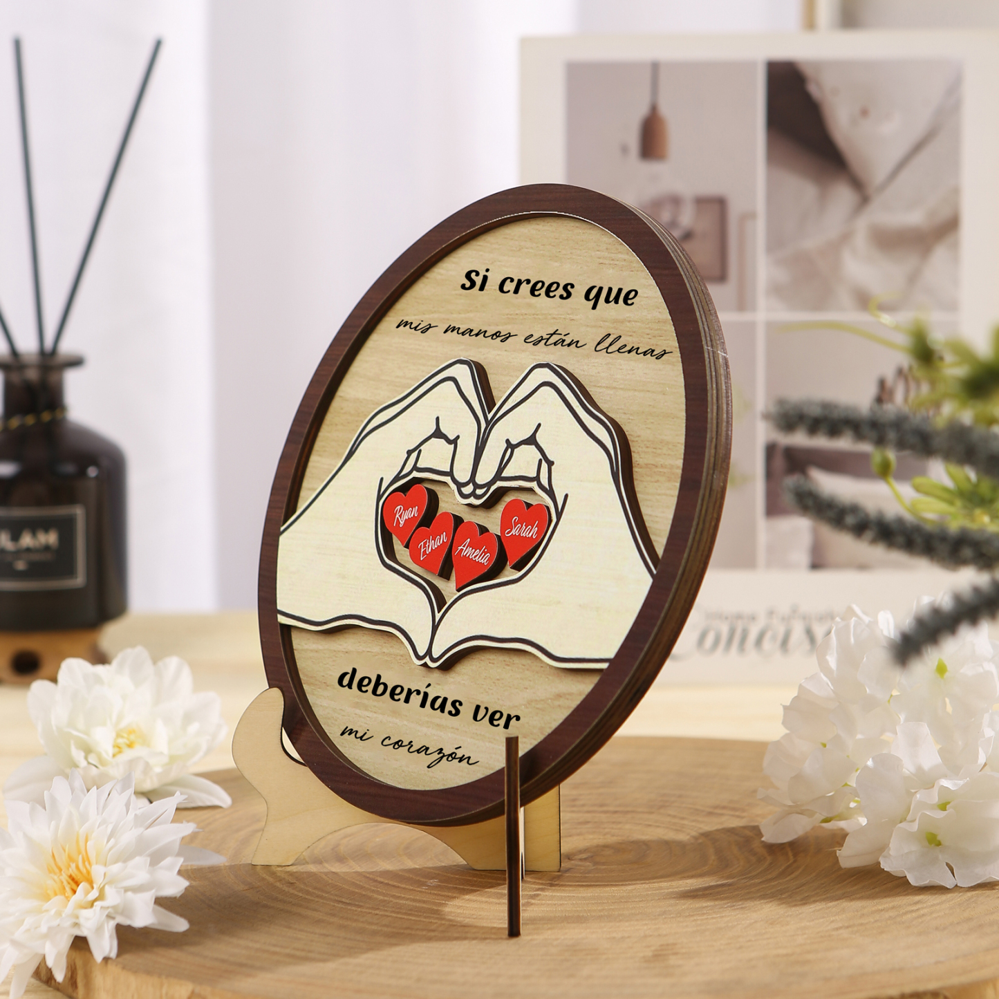 Familia-Decoración de madera de mano con mano 4 nombres y 2 textos personalizados | Jessemade