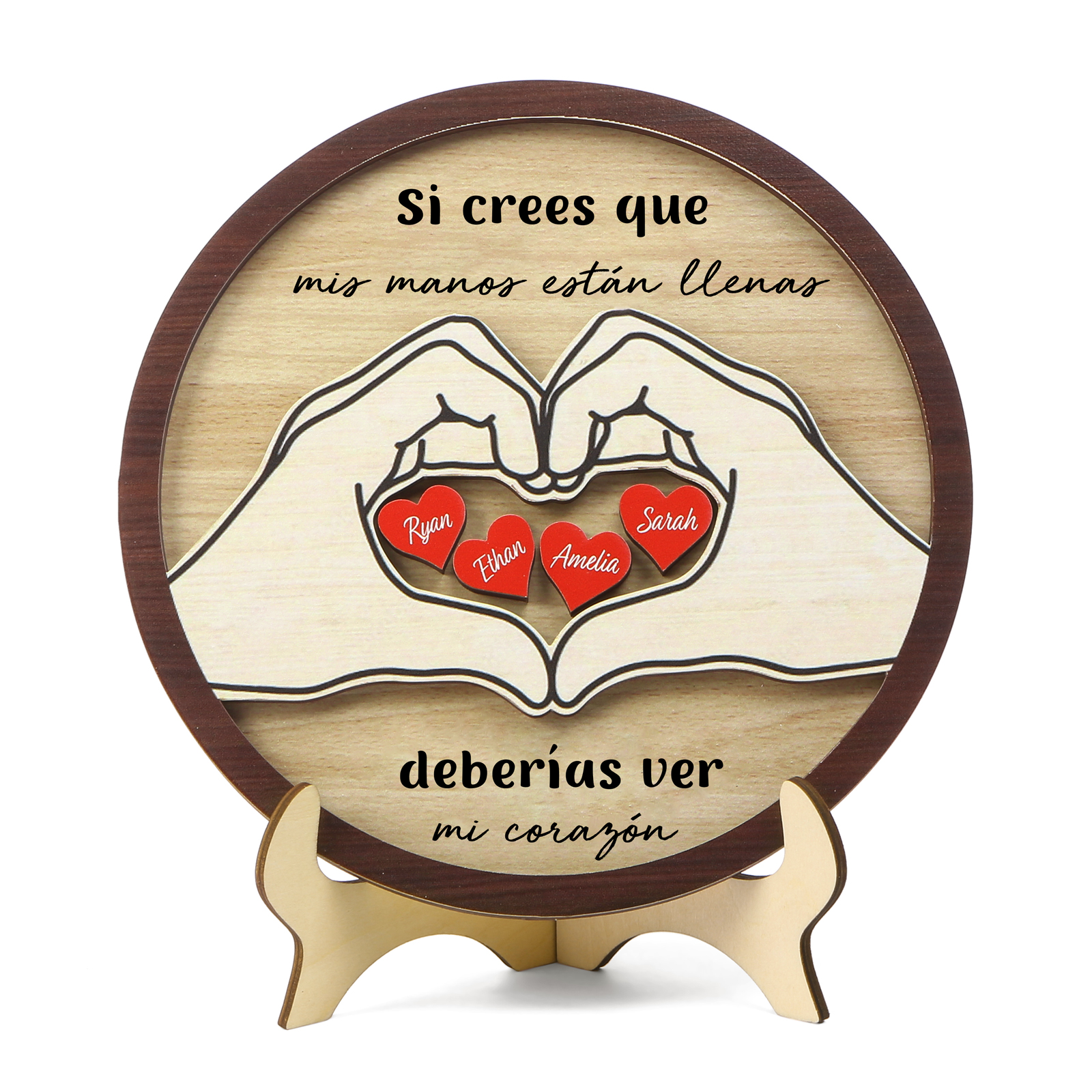 Familia-Decoración de madera de mano con mano 4 nombres y 2 textos personalizados | Jessemade