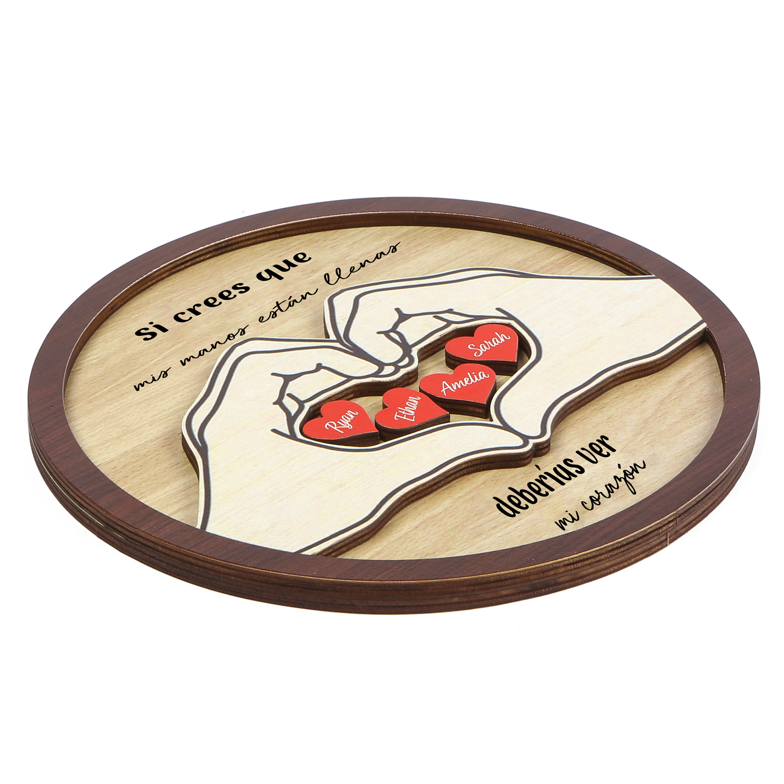 Familia-Decoración de madera de mano con mano 4 nombres y 2 textos personalizados | Jessemade