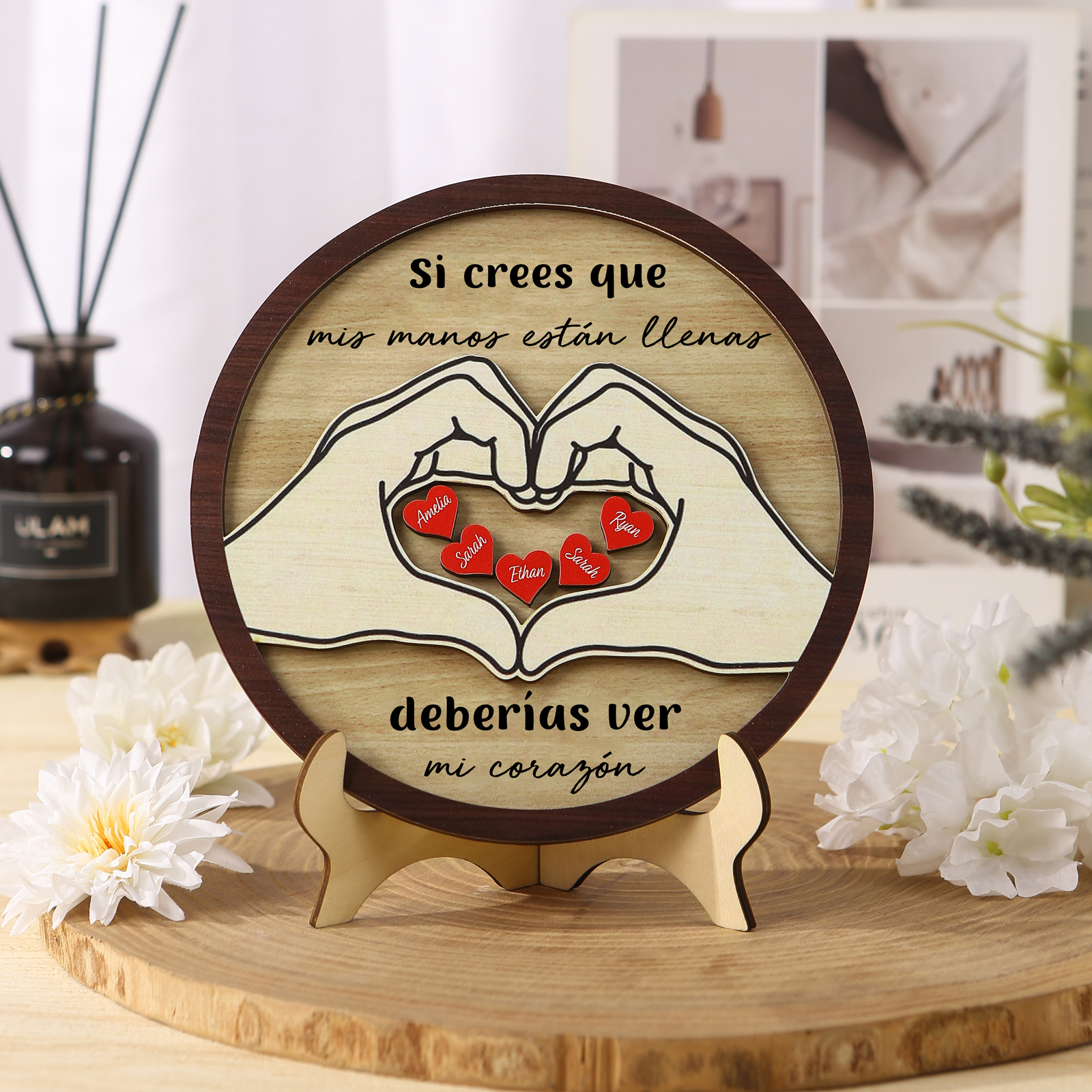 Familia-Decoración de madera de mano con mano 5 nombres y 2 textos personalizados | Jessemade