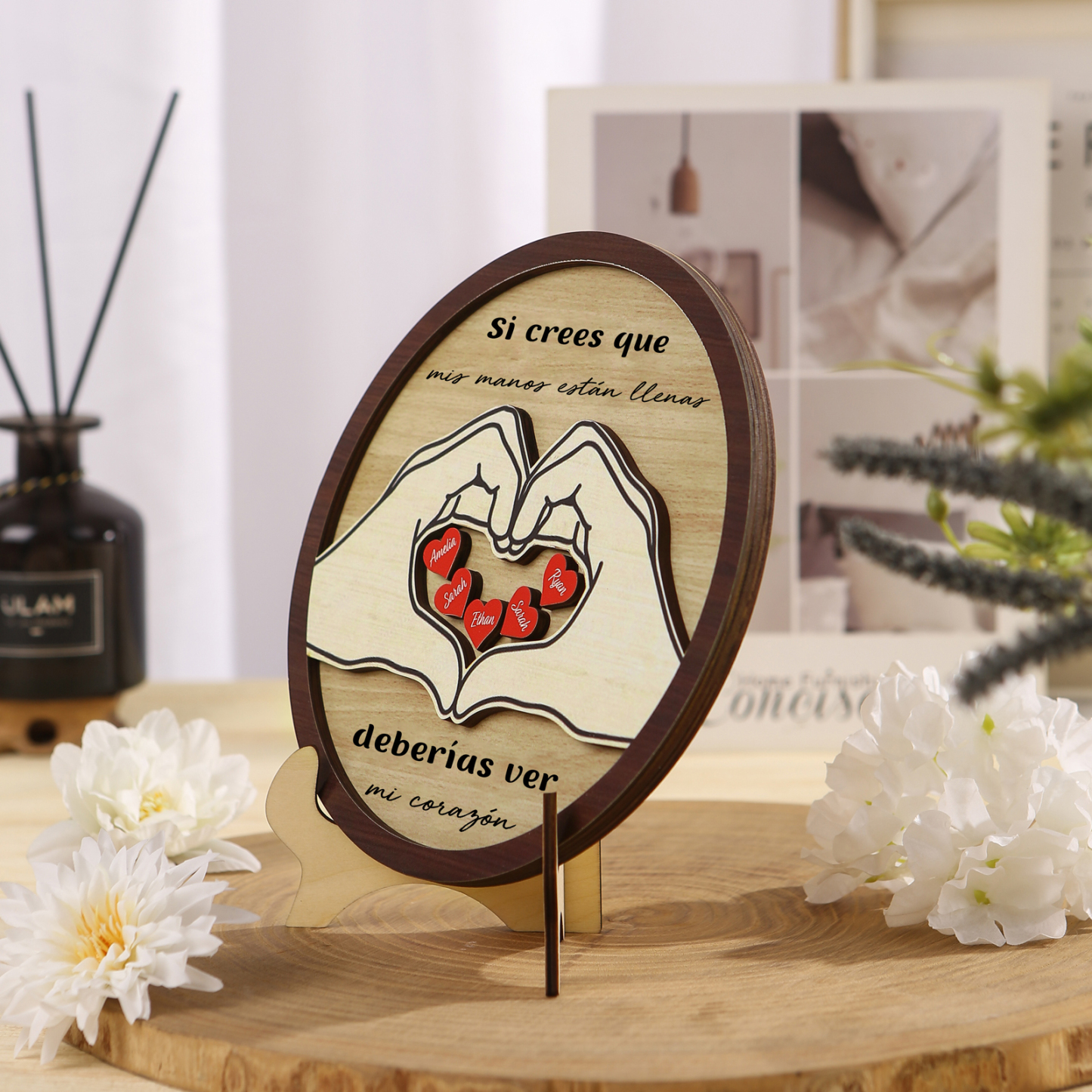 Familia-Decoración de madera de mano con mano 5 nombres y 2 textos personalizados | Jessemade