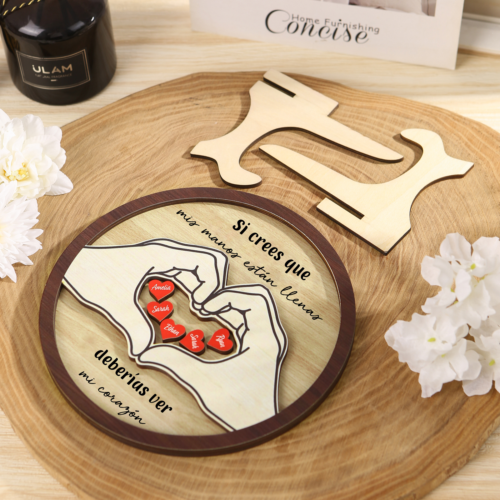 Familia-Decoración de madera de mano con mano 5 nombres y 2 textos personalizados | Jessemade