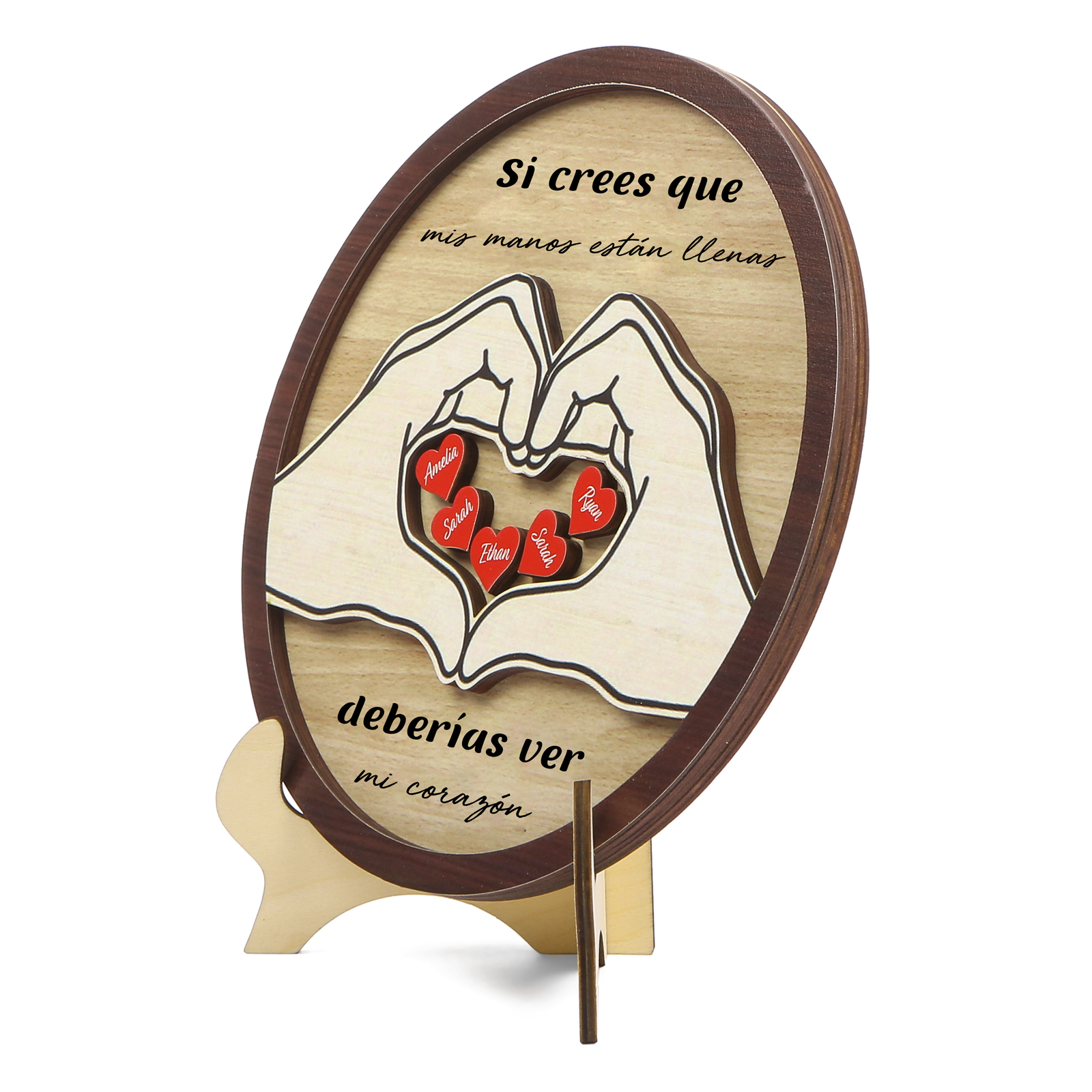 Familia-Decoración de madera de mano con mano 5 nombres y 2 textos personalizados | Jessemade