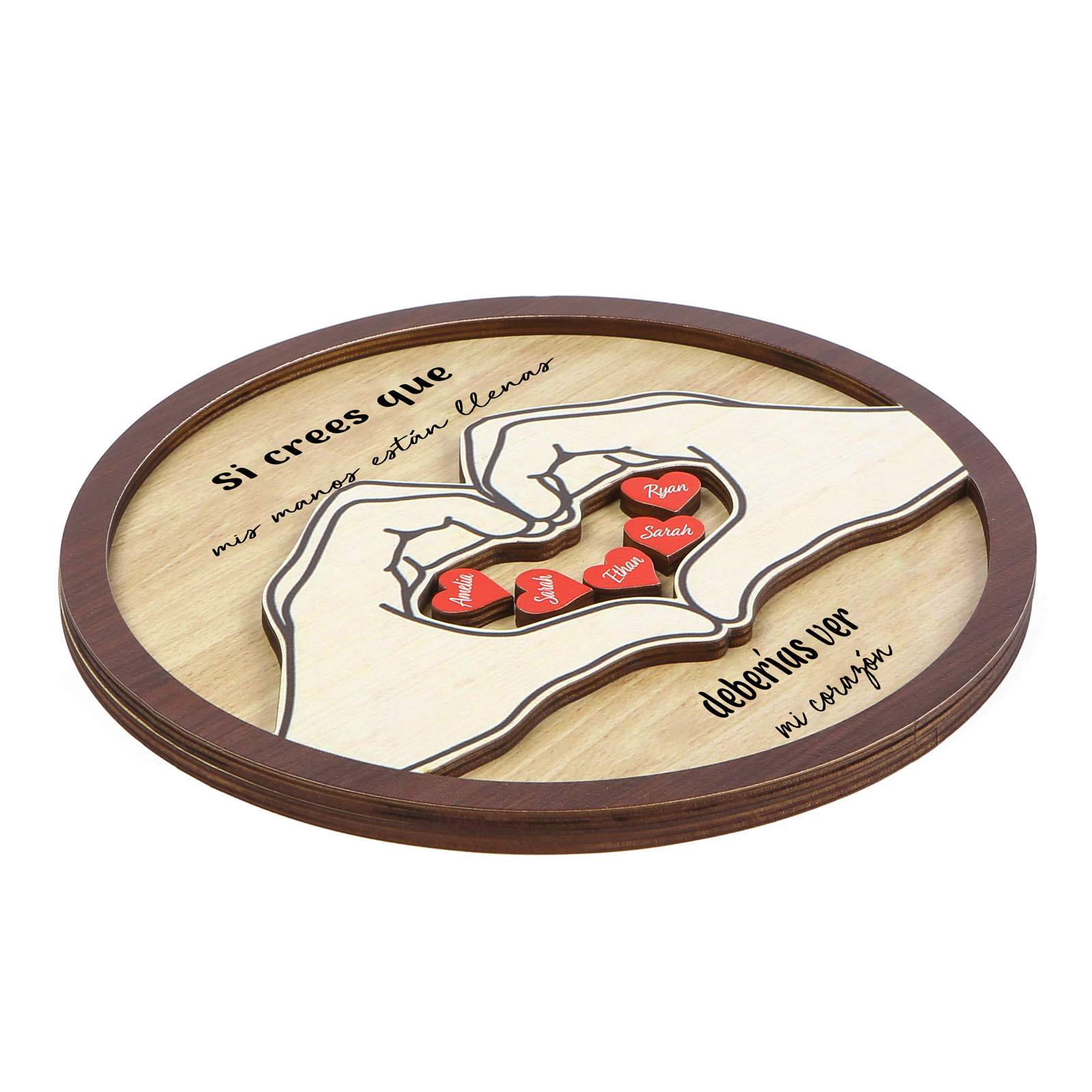 Familia-Decoración de madera de mano con mano 5 nombres y 2 textos personalizados | Jessemade