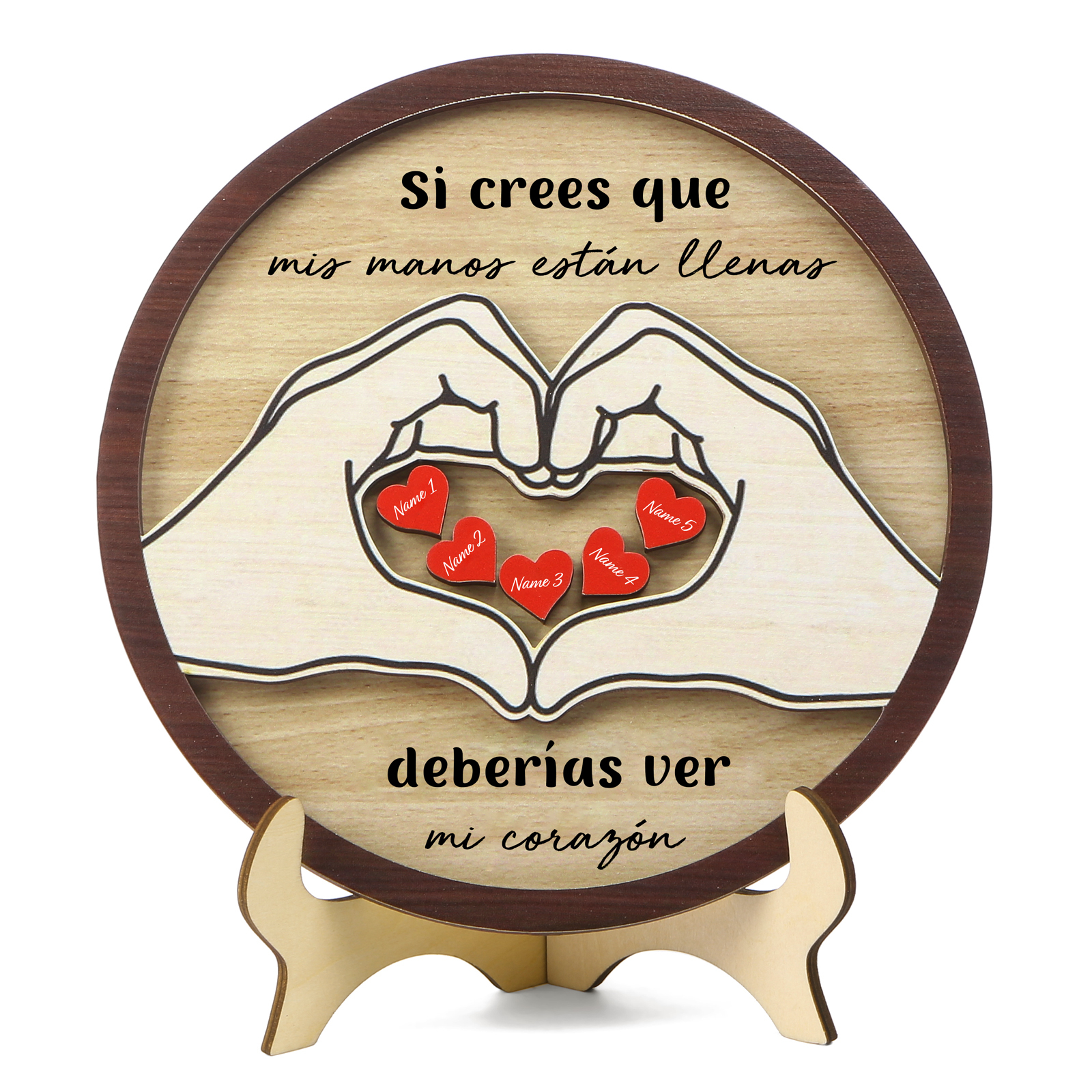 Familia-Decoración de madera de mano con mano 5 nombres y 2 textos personalizados | Jessemade