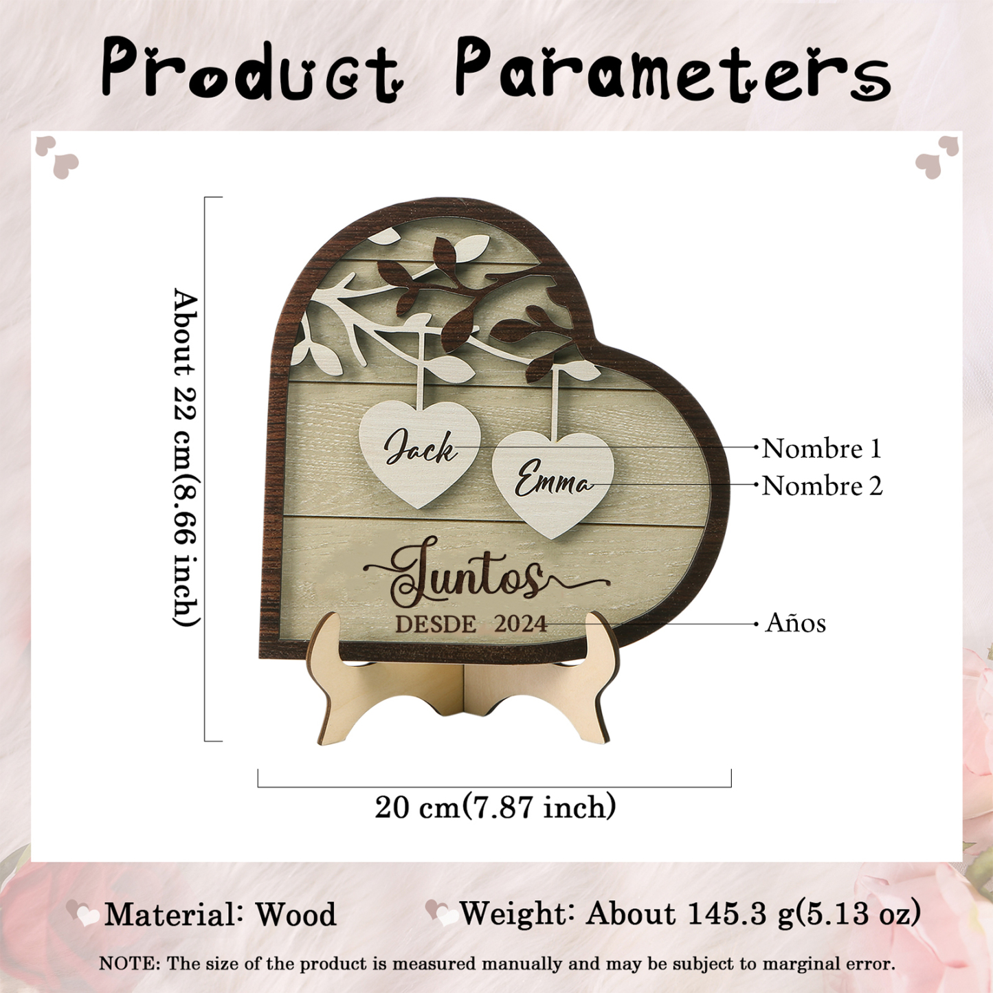 Pareja-Decoración de madera en forma de corazón para pareja con 2 nombres y año personalizados | Jessemade