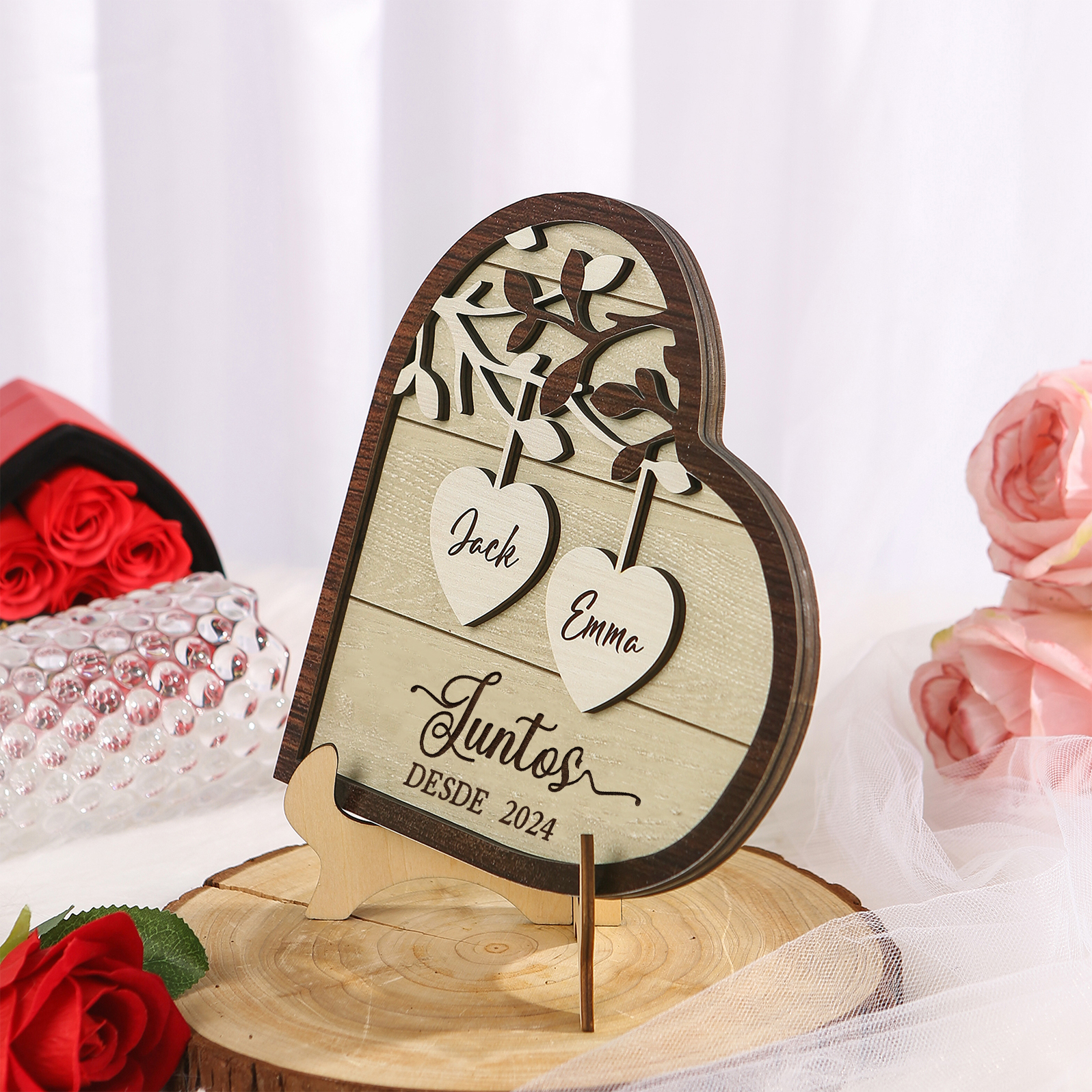 Pareja-Decoración de madera en forma de corazón para pareja con 2 nombres y año personalizados | Jessemade