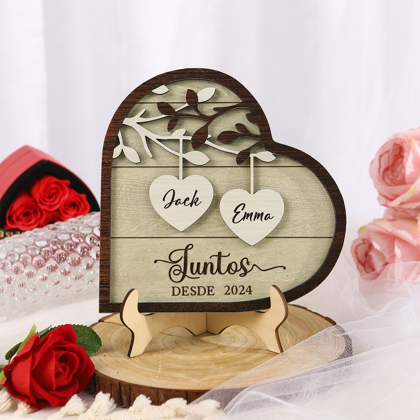 Pareja-Decoración de madera de mano con mano para pareja con 2 nombres