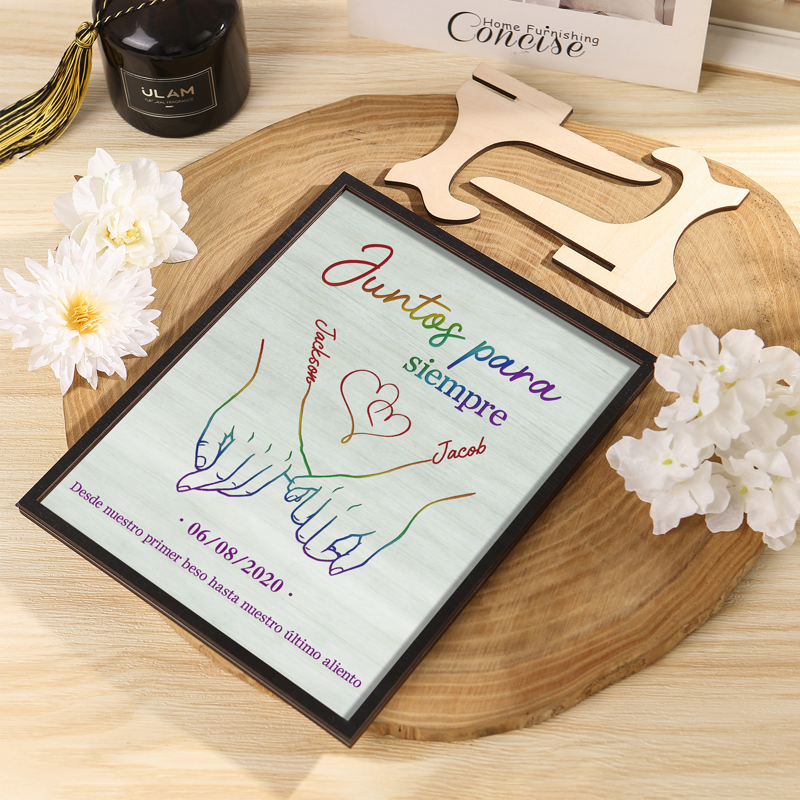 Pareja-Decoración de madera de dedos cogidos para pareja con 2 nombres, fecha y texto personalizados | Jessemade