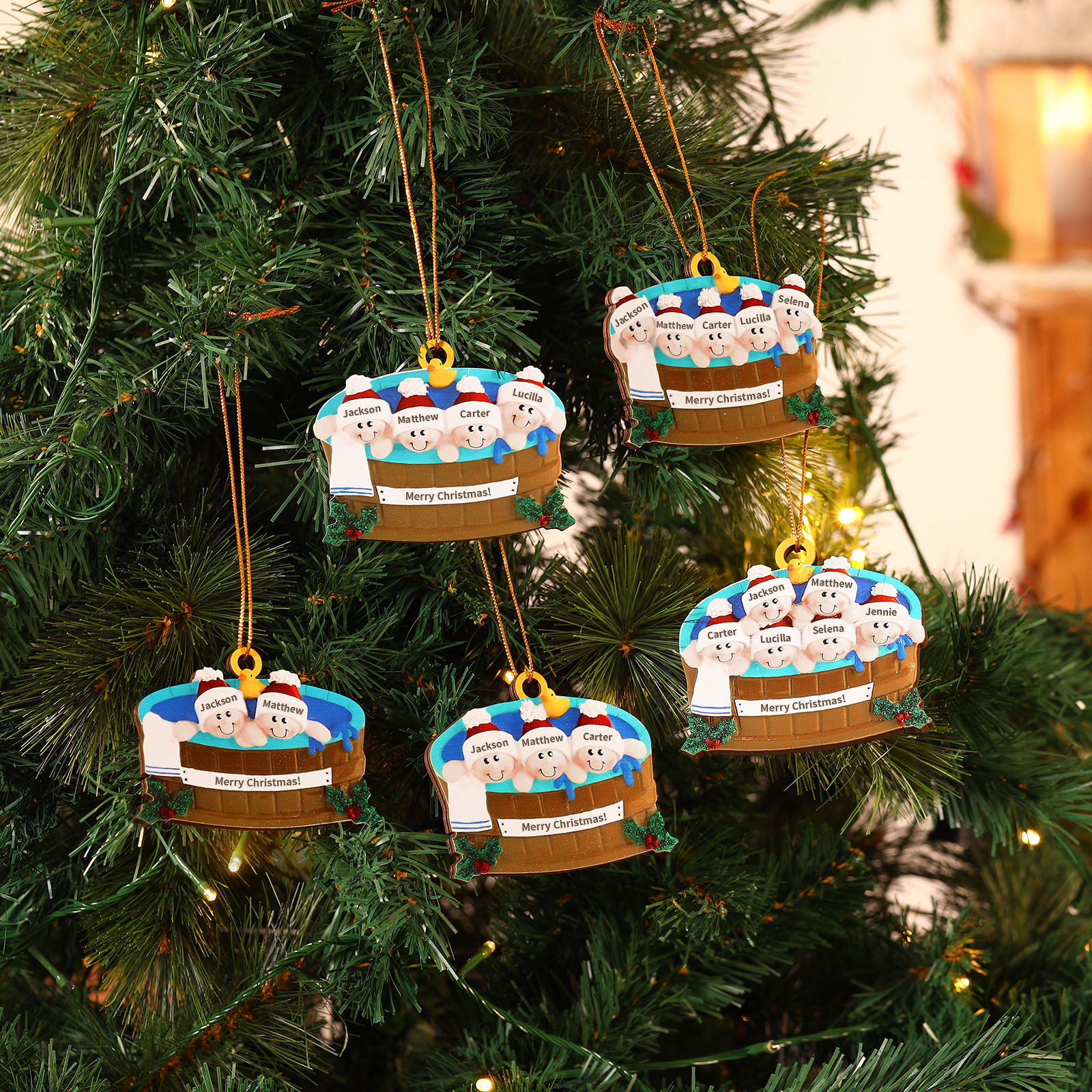Navidad-Ornamento con muñecos de madera familia en bañera 2 nombres y texto personalizados | Jessemade