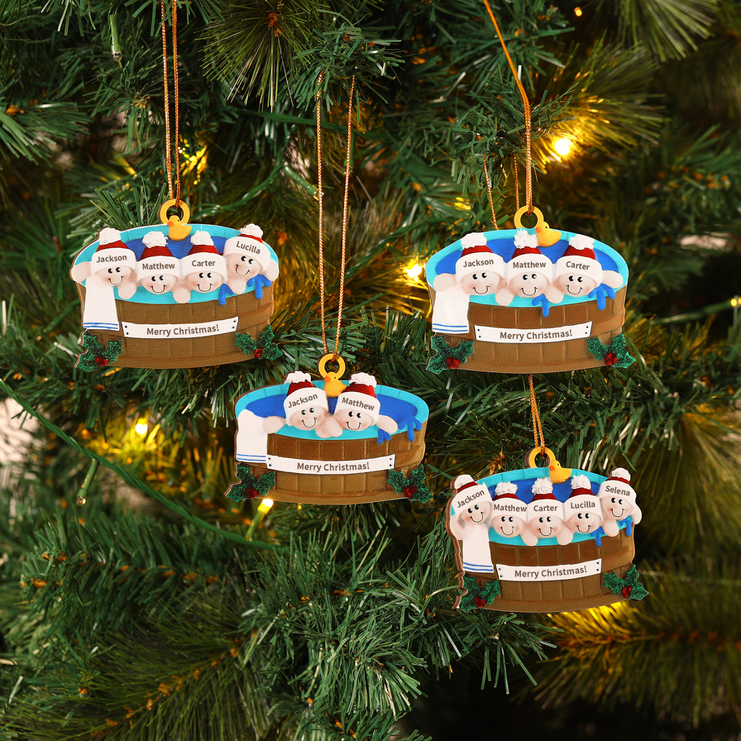 Navidad-Ornamento con muñecos de madera familia en bañera 2 nombres y texto personalizados | Jessemade