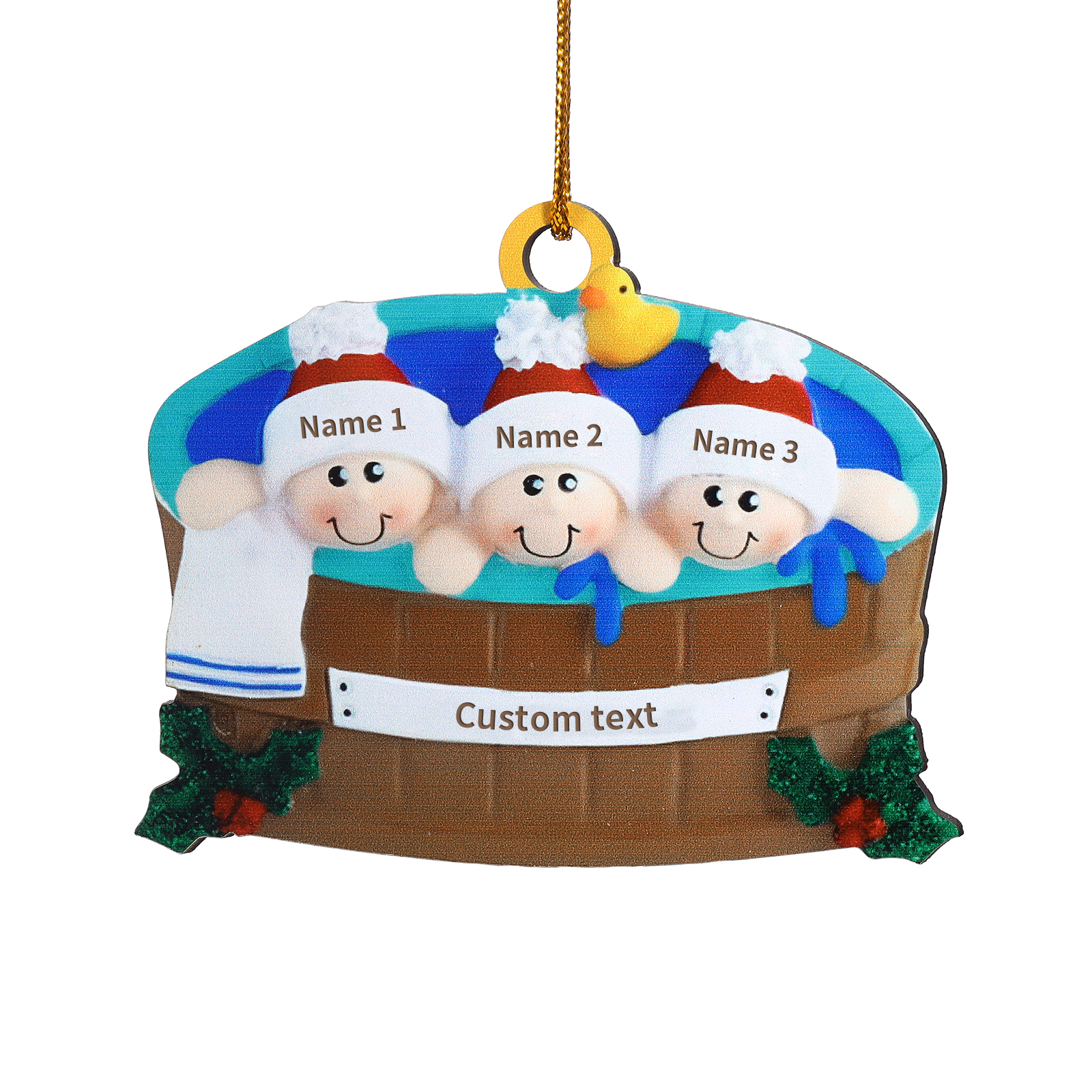 Navidad-Ornamento con muñecos de madera familia en bañera 3 nombres y texto personalizados | Jessemade