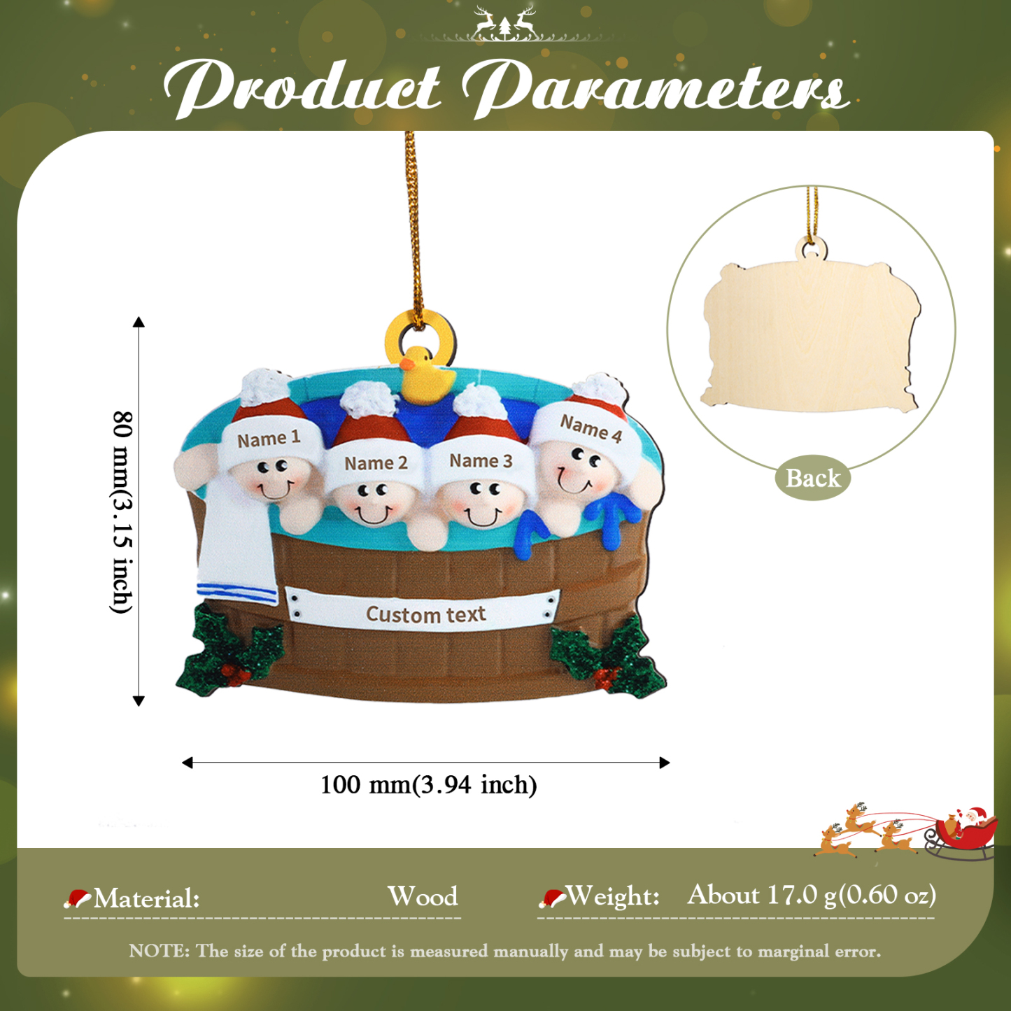 Navidad-Ornamento con muñecos de madera familia en bañera 4 nombres y texto personalizados | Jessemade