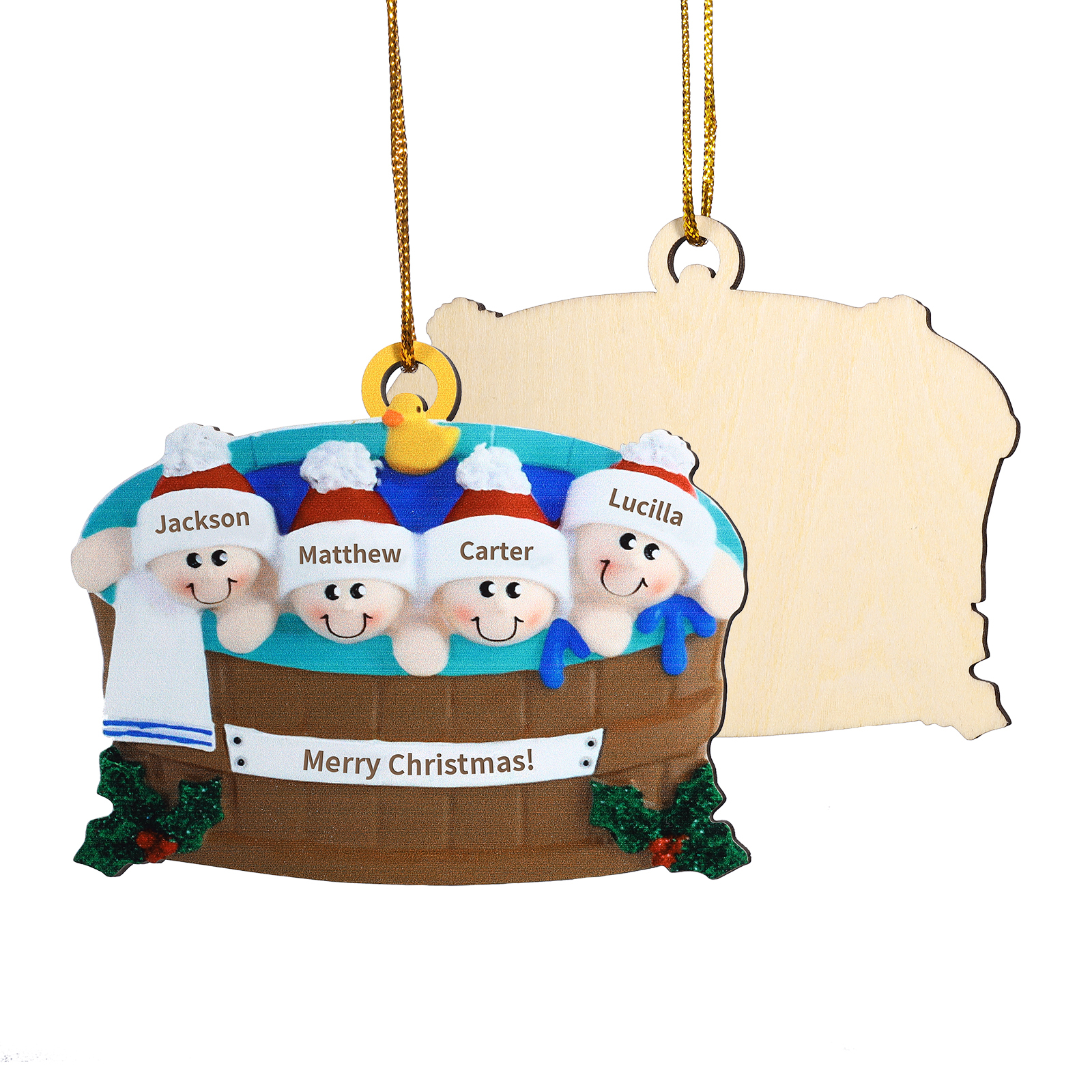 Navidad-Ornamento con muñecos de madera familia en bañera 4 nombres y texto personalizados | Jessemade