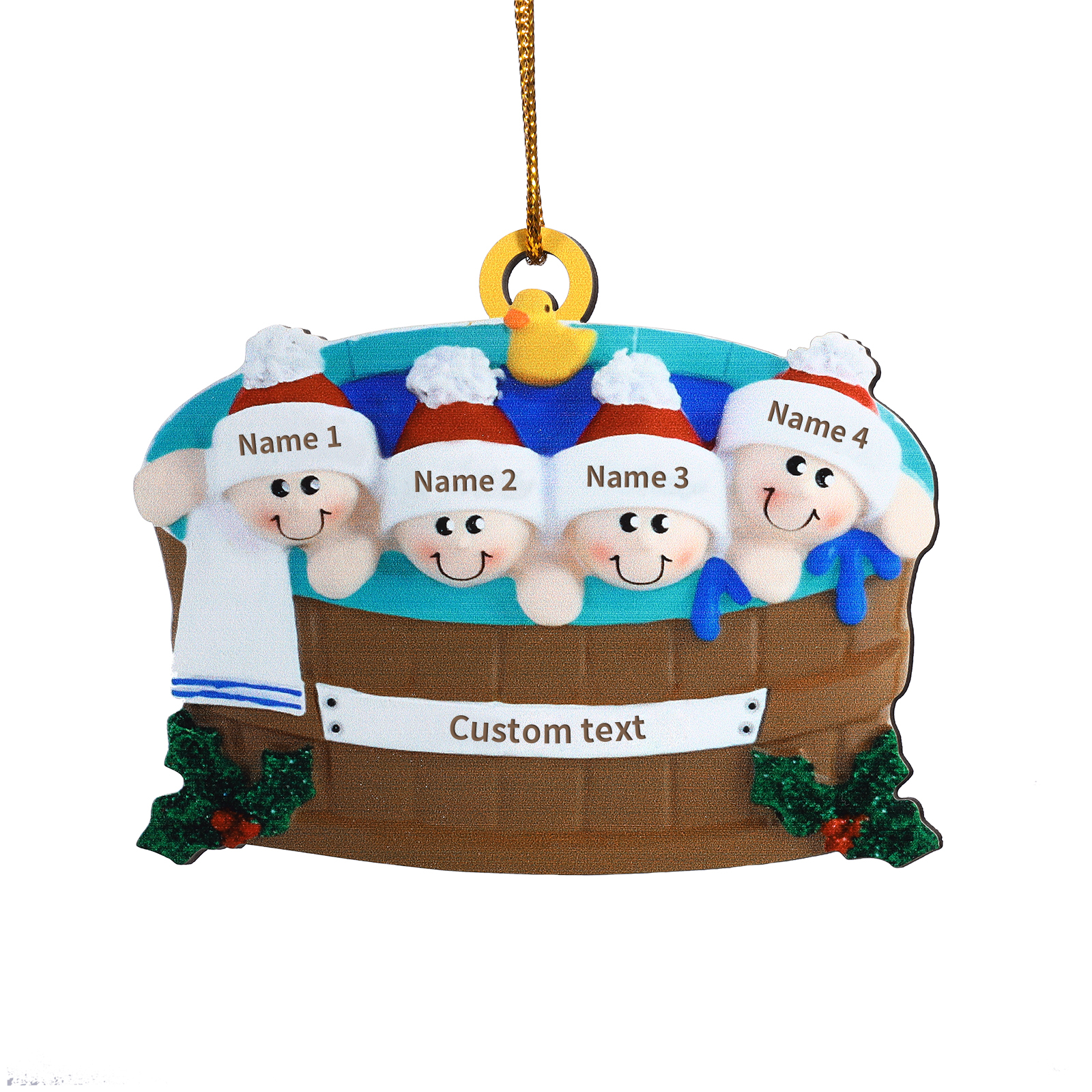 Navidad-Ornamento con muñecos de madera familia en bañera 4 nombres y texto personalizados | Jessemade