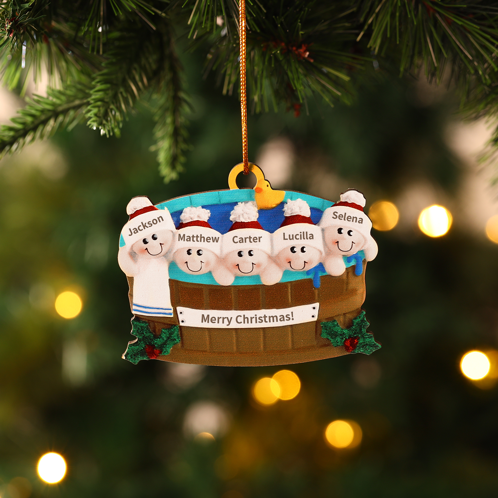 Navidad-Ornamento con muñecos de madera familia en bañera 5 nombres y texto personalizados | Jessemade