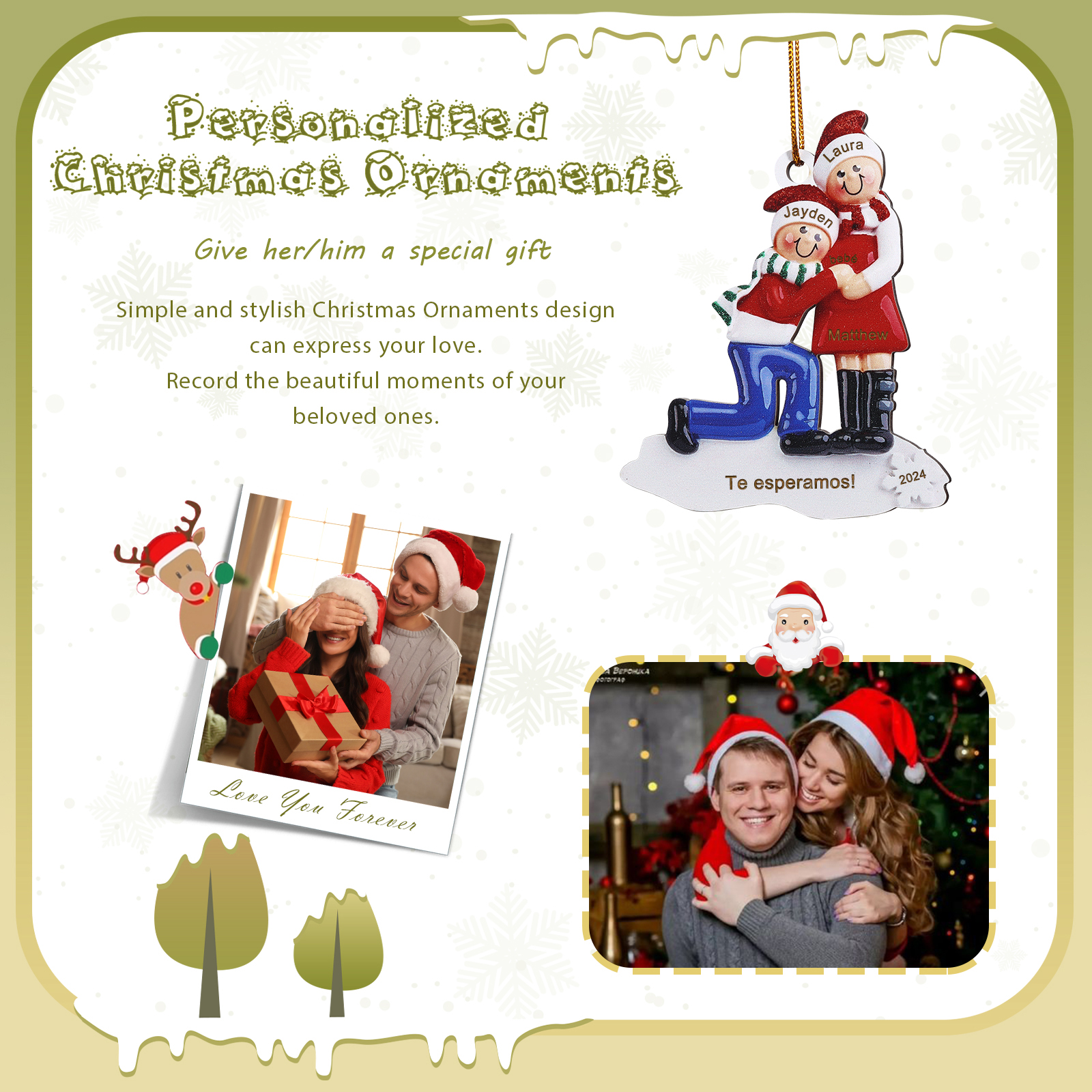 Navidad-Ornamentos Muñecos de Pareja Mamá Embarazada 3 Nombres, Texto y Año Personalizados de Madera