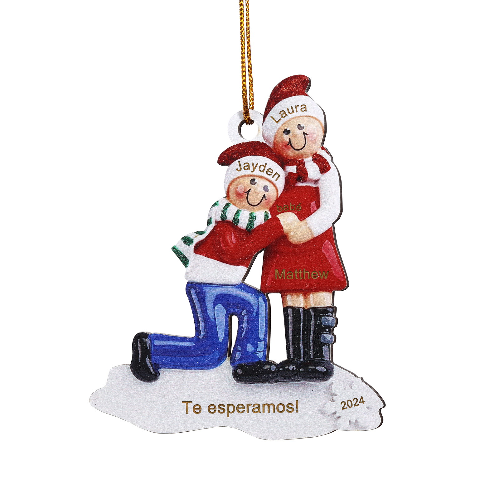 Navidad-Ornamentos Muñecos de Pareja Mamá Embarazada 3 Nombres, Texto y Año Personalizados de Madera