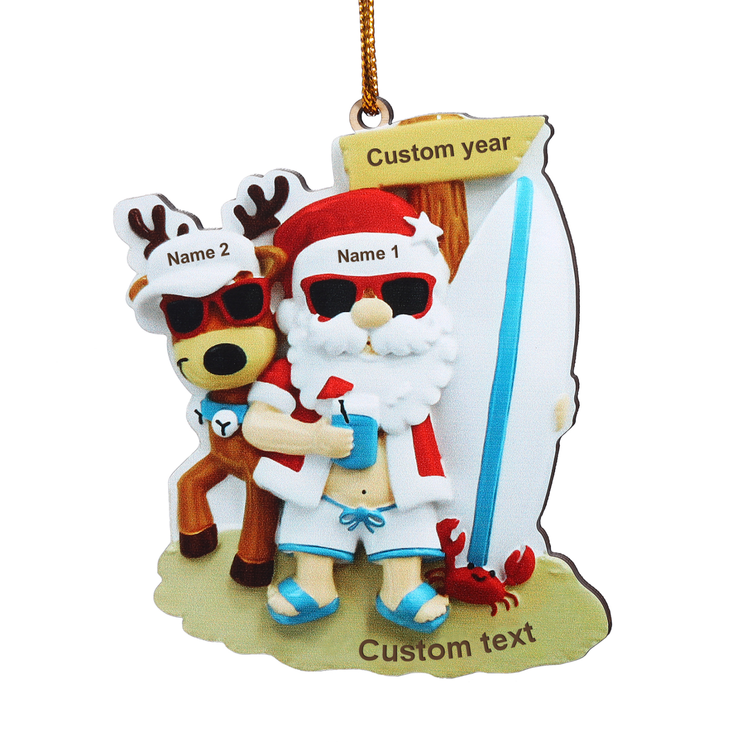 Navidad-Ornamento con muñecos de madera Noel y renos en playa 2 nombres, año y texto personalizados | Jessemade