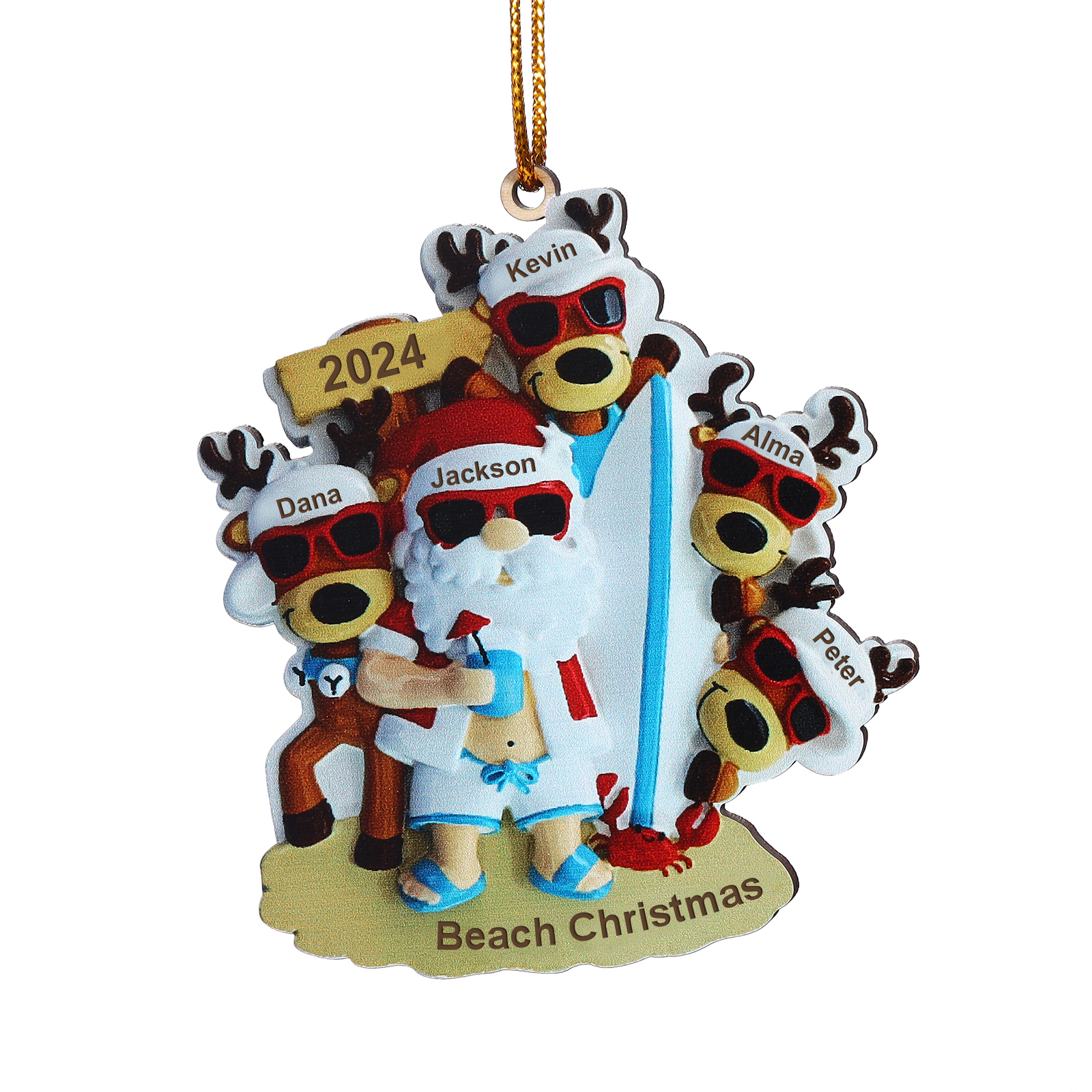 Navidad-Ornamento con muñecos de madera Noel y renos en playa 5 nombres, año y texto personalizados | Jessemade
