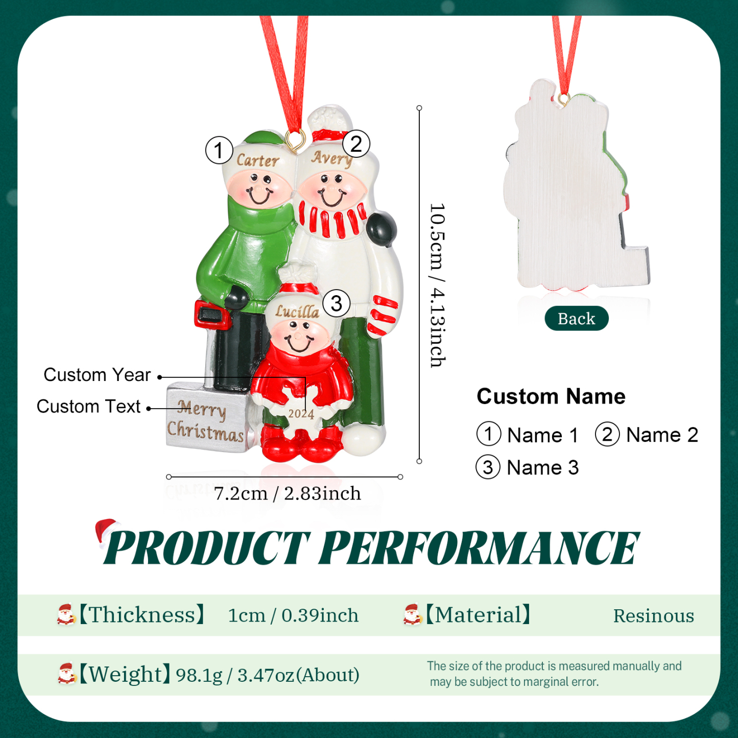 Navidad-Ornamento con muñecos de resina pala 3 nombres, año y texto personalizados | Jessemade