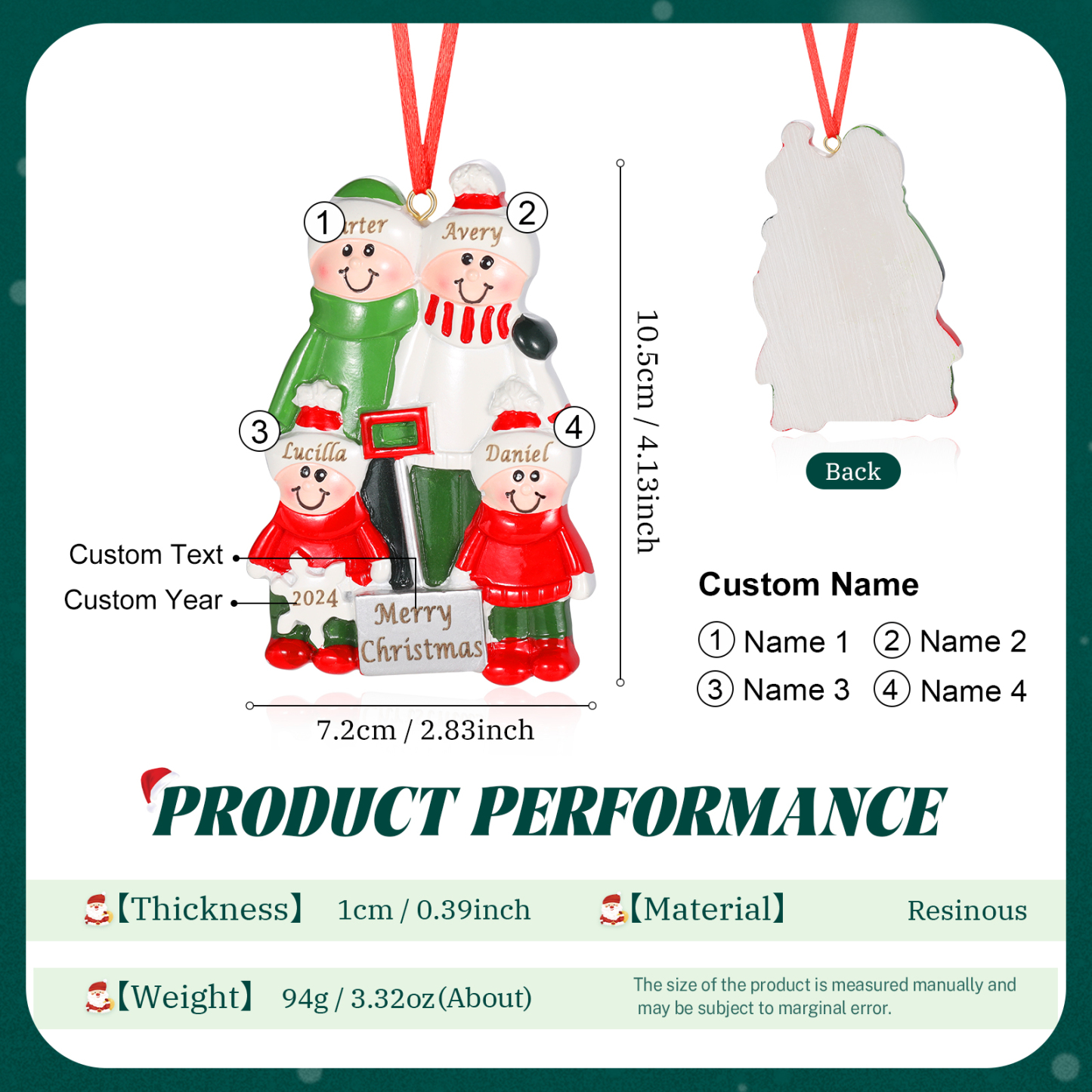 Navidad-Ornamento con muñecos de resina pala 4 nombres, año y texto personalizados | Jessemade