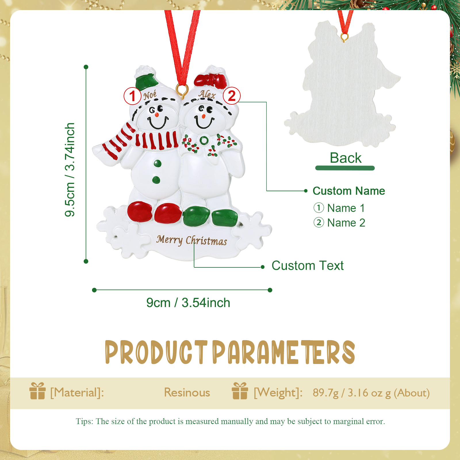 Navidad-Ornamento con muñecos de resino familia de muñecos de nieve 2 nombres y texto personalizados | Jessemade