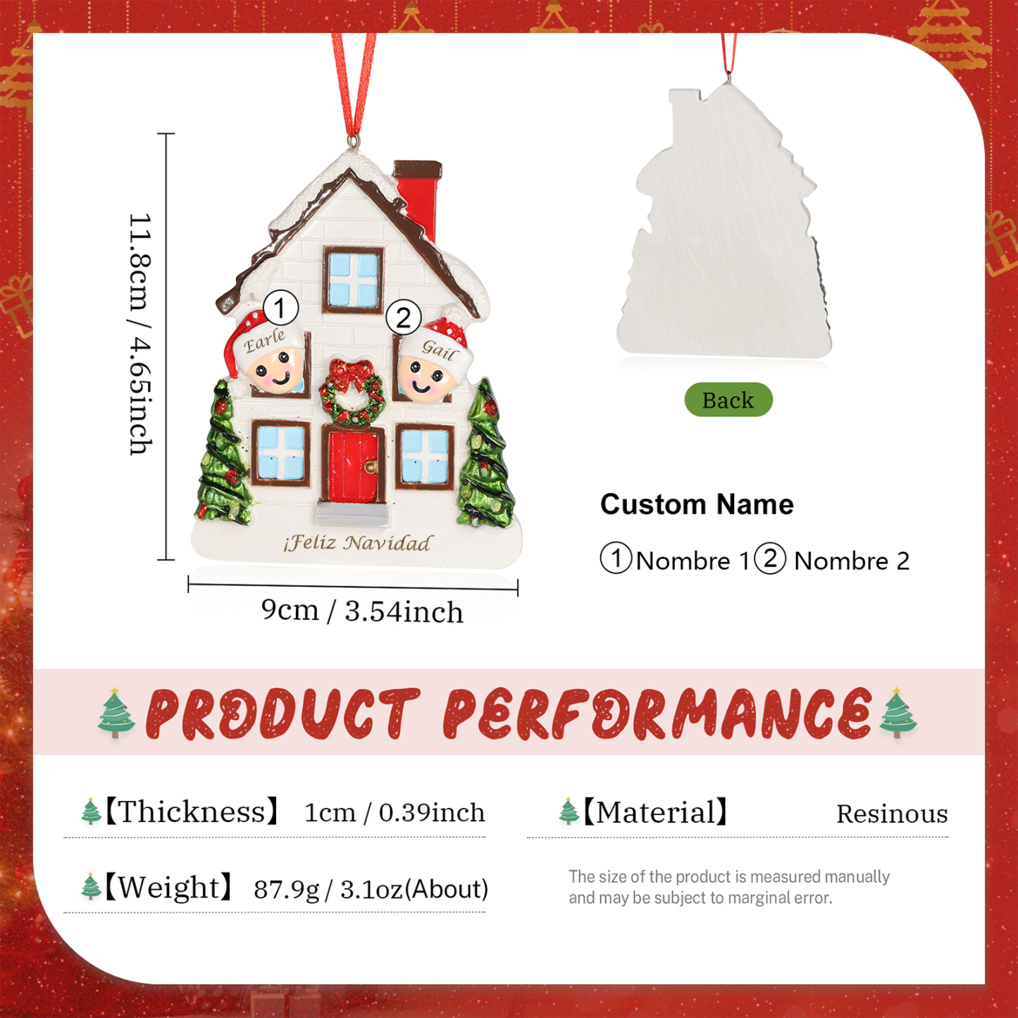 Navidad-Ornamento con muñecos de resina en forma de casa 2 nombres y texto personalizados | Jessemade