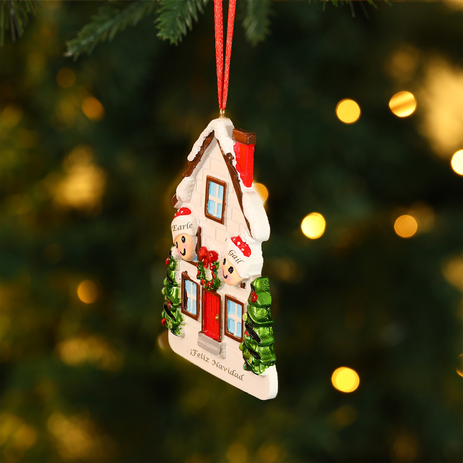 Navidad-Ornamento con muñecos de resina en forma de casa 2 nombres y texto personalizados | Jessemade