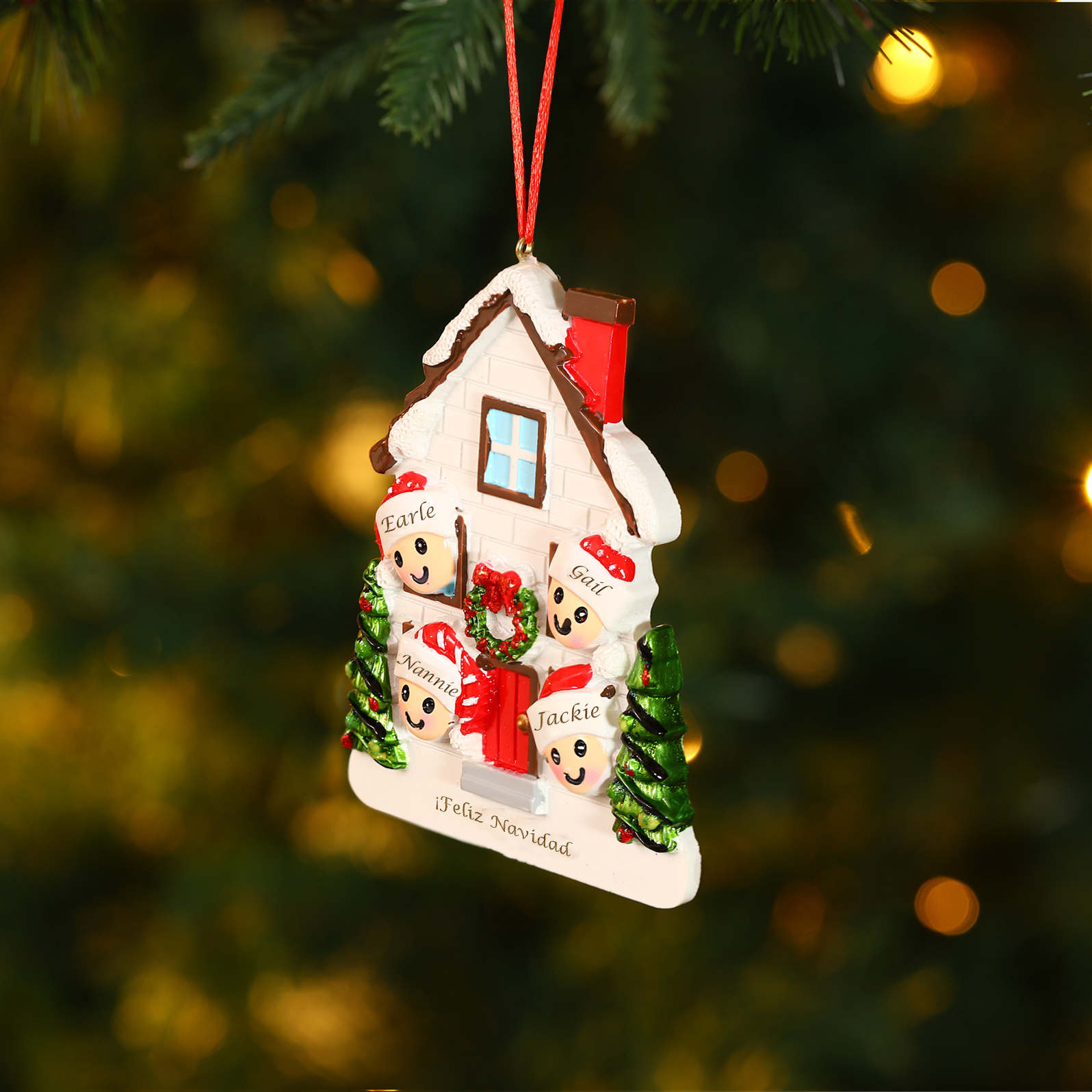 Navidad-Ornamento con muñecos de resina en forma de casa 4 nombres y texto personalizados | Jessemade