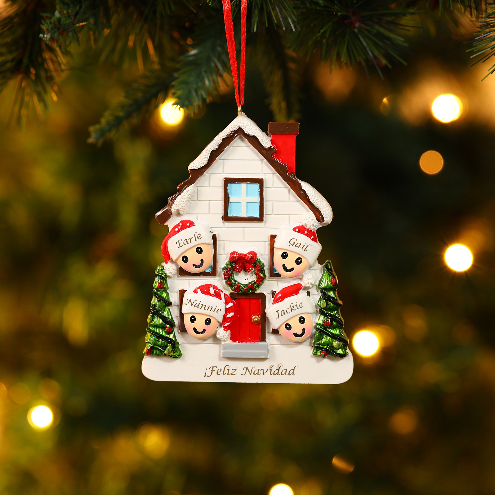 Navidad-Ornamento con muñecos de resina en forma de casa 4 nombres y texto personalizados | Jessemade