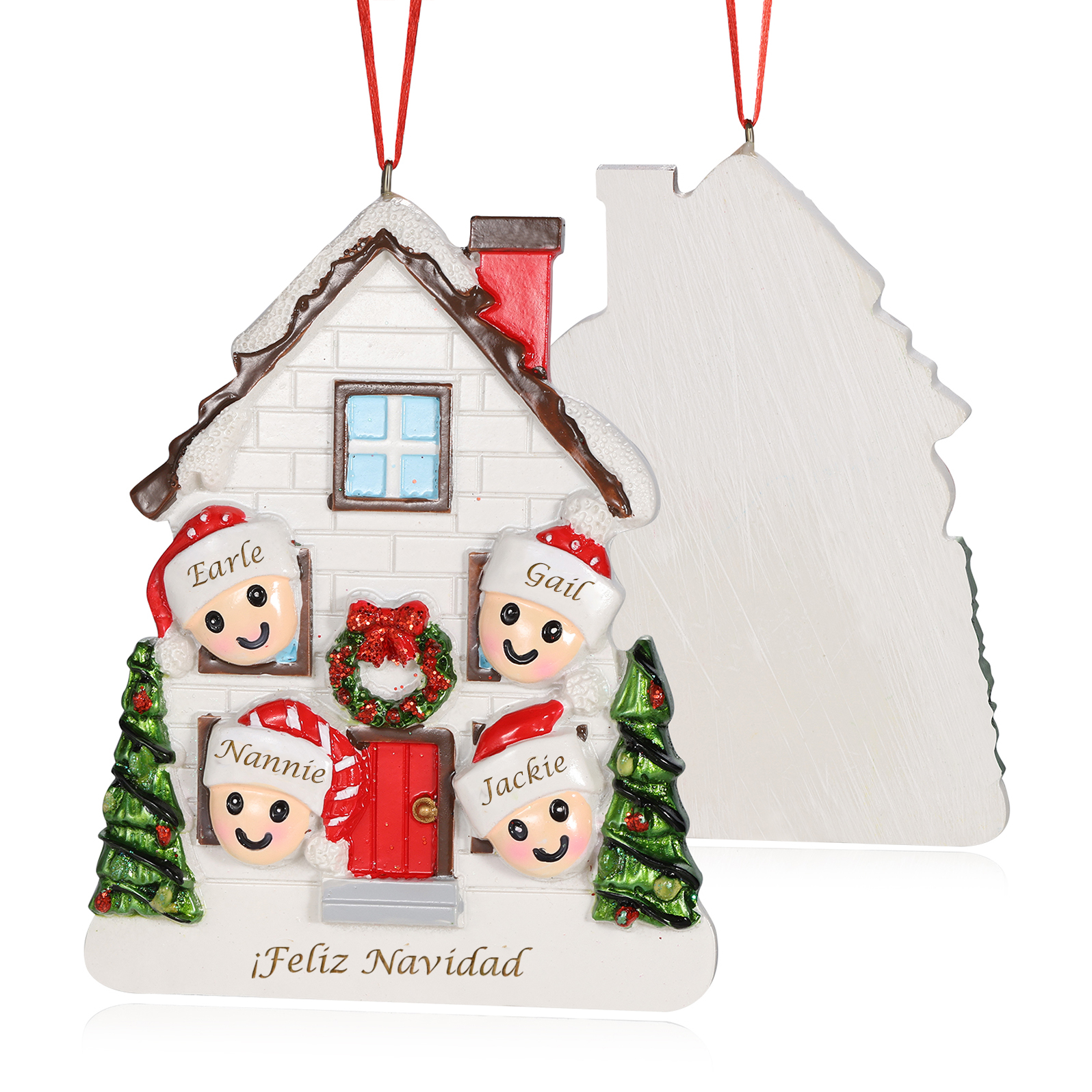 Navidad-Ornamento con muñecos de resina en forma de casa 4 nombres y texto personalizados | Jessemade