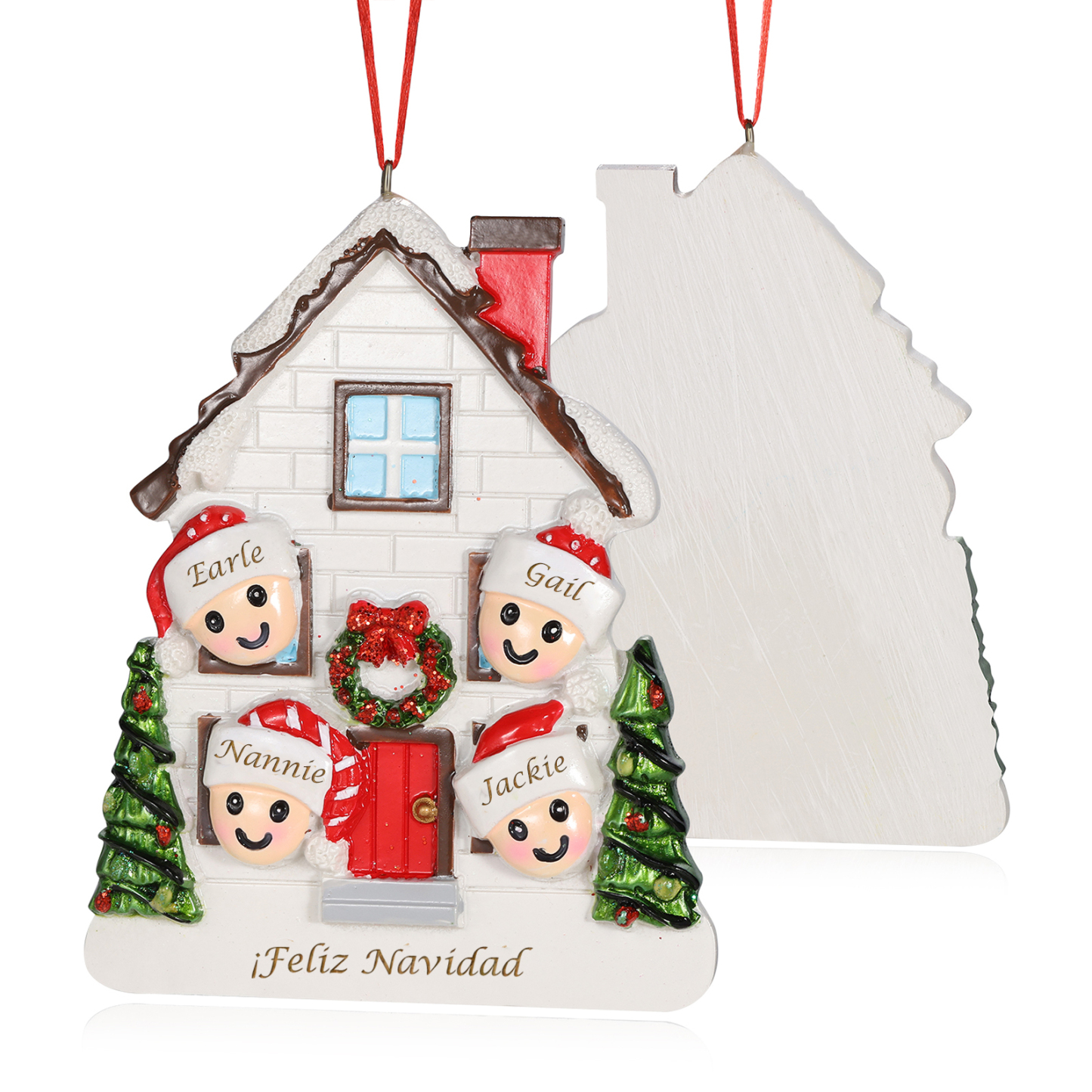 Navidad-Ornamento con muñecos de resina en forma de casa 4 nombres y texto personalizados | Jessemade