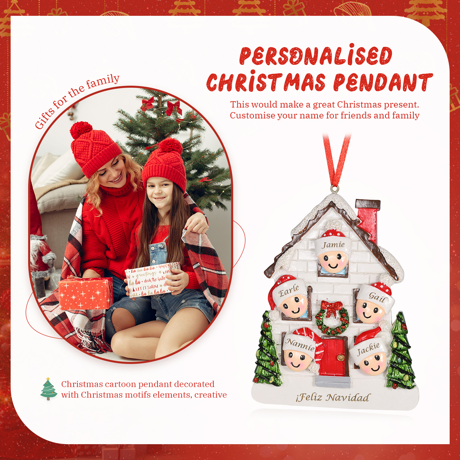 Navidad-Ornamento con muñecos de resina en forma de casa 5 nombres y texto personalizados | Jessemade