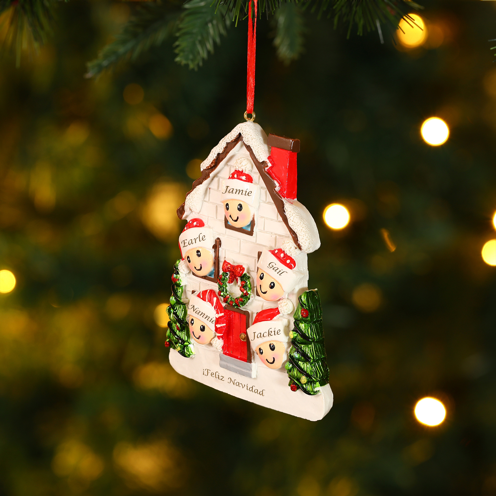 Navidad-Ornamento con muñecos de resina en forma de casa 5 nombres y texto personalizados | Jessemade