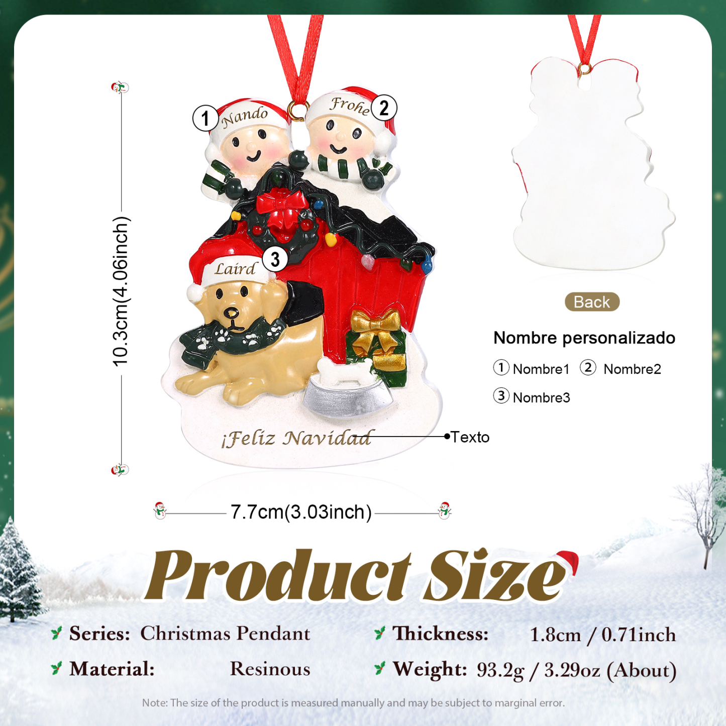 Navidad-Ornamento con Muñecos de Resina Familia con Perro 3 Nombres y Texto Personalizados | Jessemade
