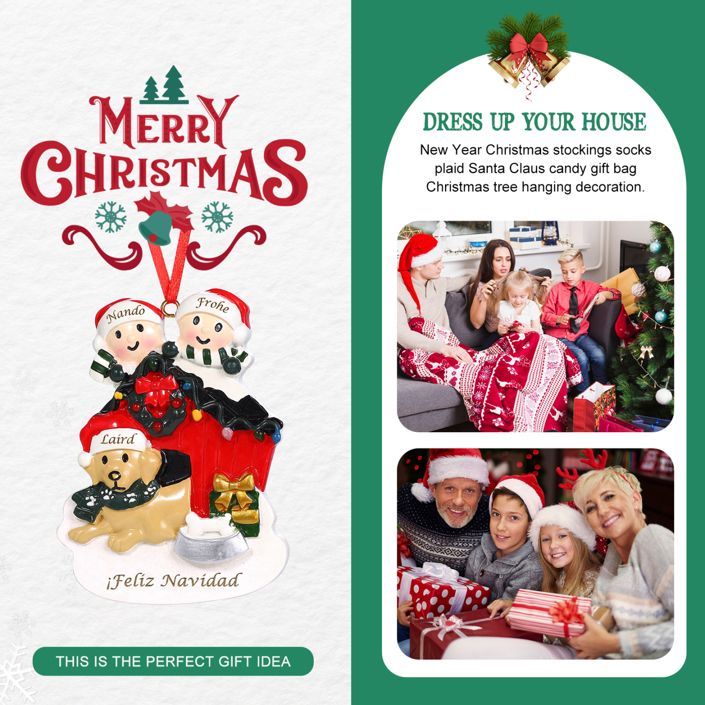 Navidad-Ornamento con Muñecos de Resina Familia con Perro 3 Nombres y Texto Personalizados | Jessemade