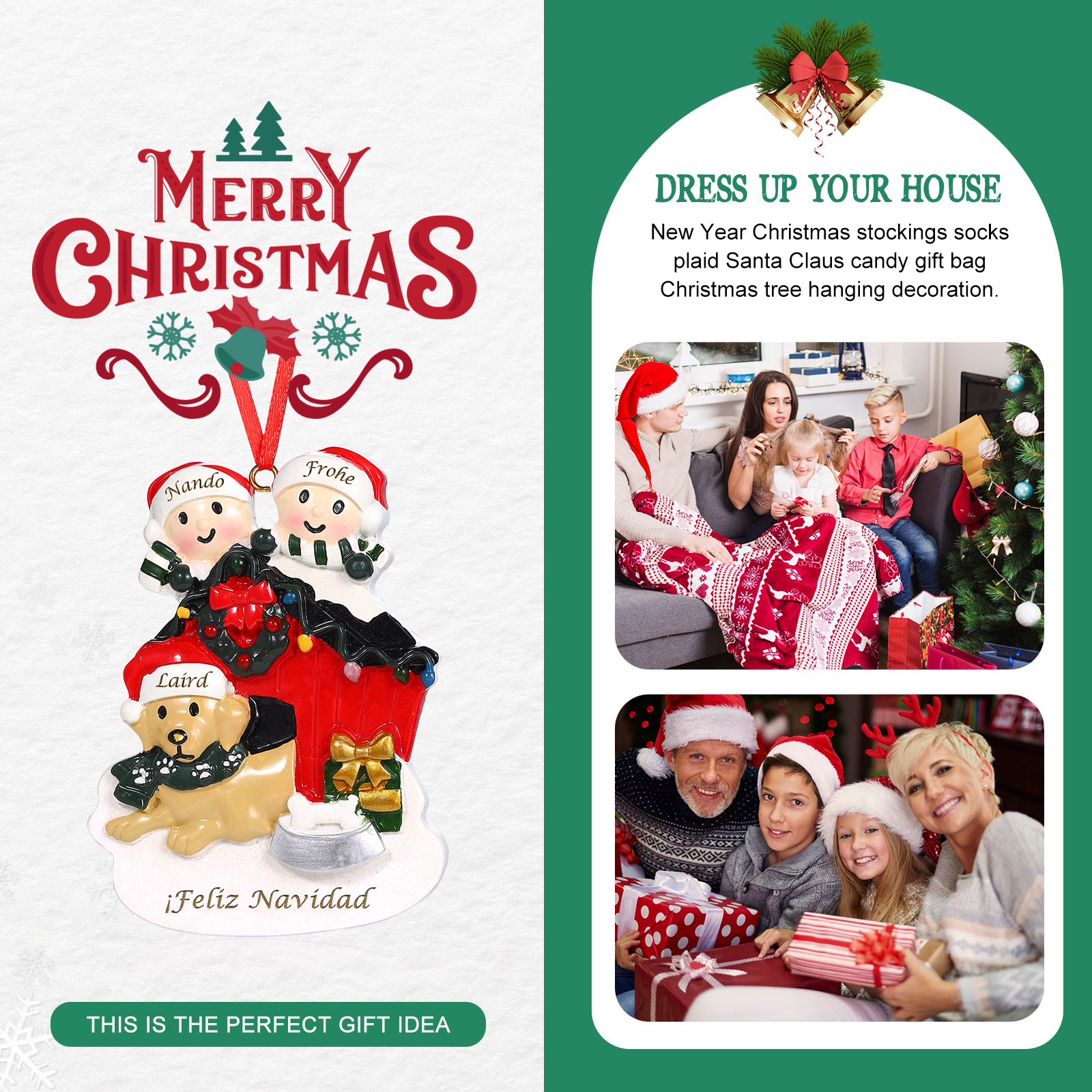 Navidad-Ornamento con Muñecos de Resina Familia con Perro 3 Nombres y Texto Personalizados | Jessemade